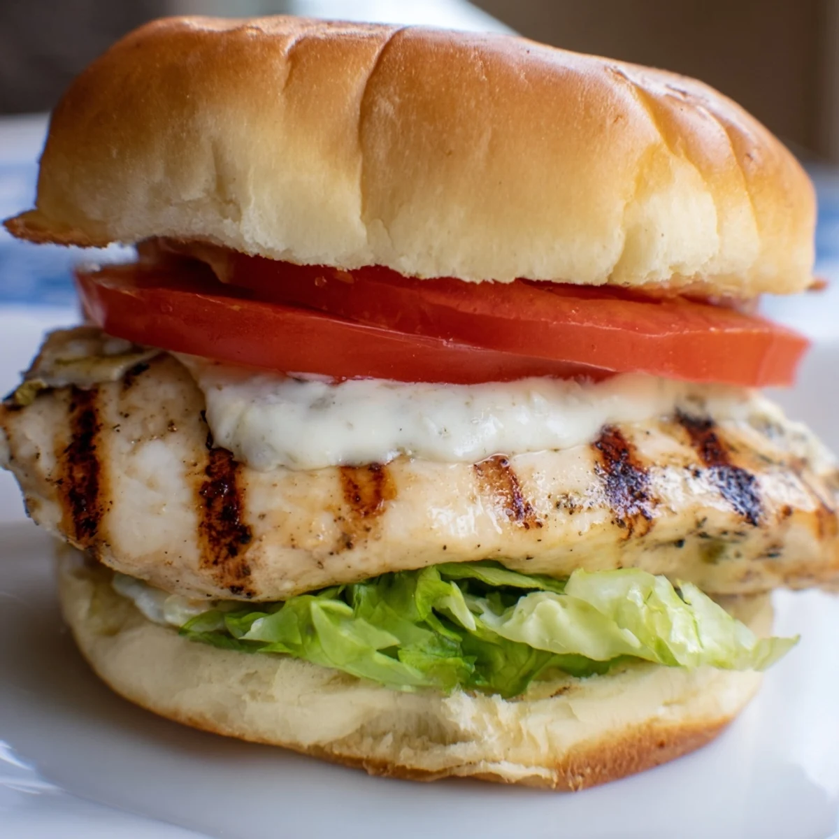 Golden grilled garlic chicken sandwich stacked with fresh lettuce, tomato, and creamy garlic mayo on toasted bun