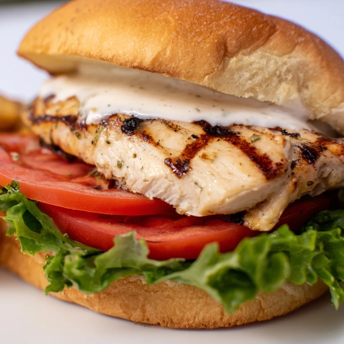 Handheld garlic chicken sandwich featuring juicy marinated breast with crisp vegetables and melted cheese on warm ciabatta