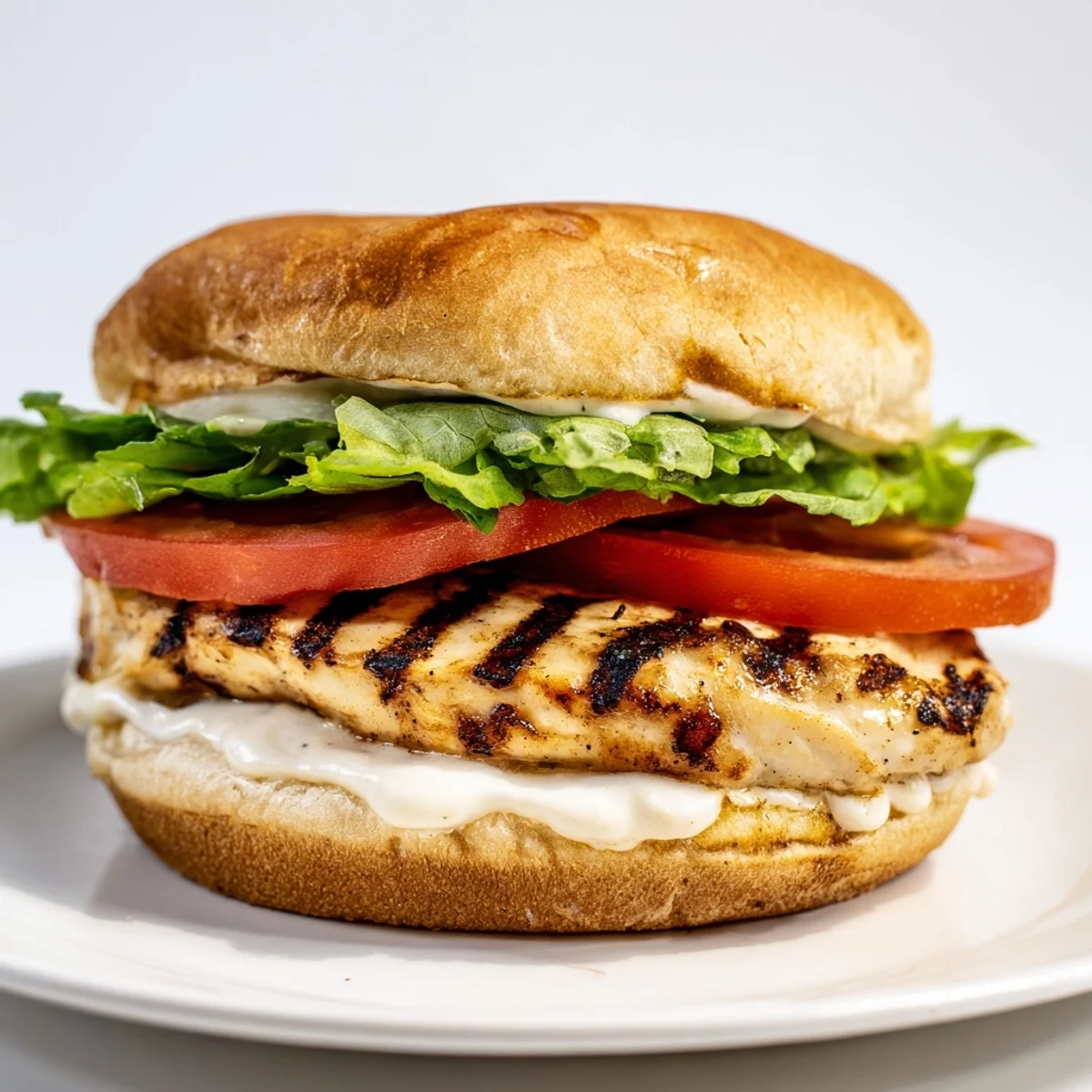 Toasted bun piled high with seasoned garlic chicken breast, ripe tomato slices, and tangy homemade garlic mayonnaise