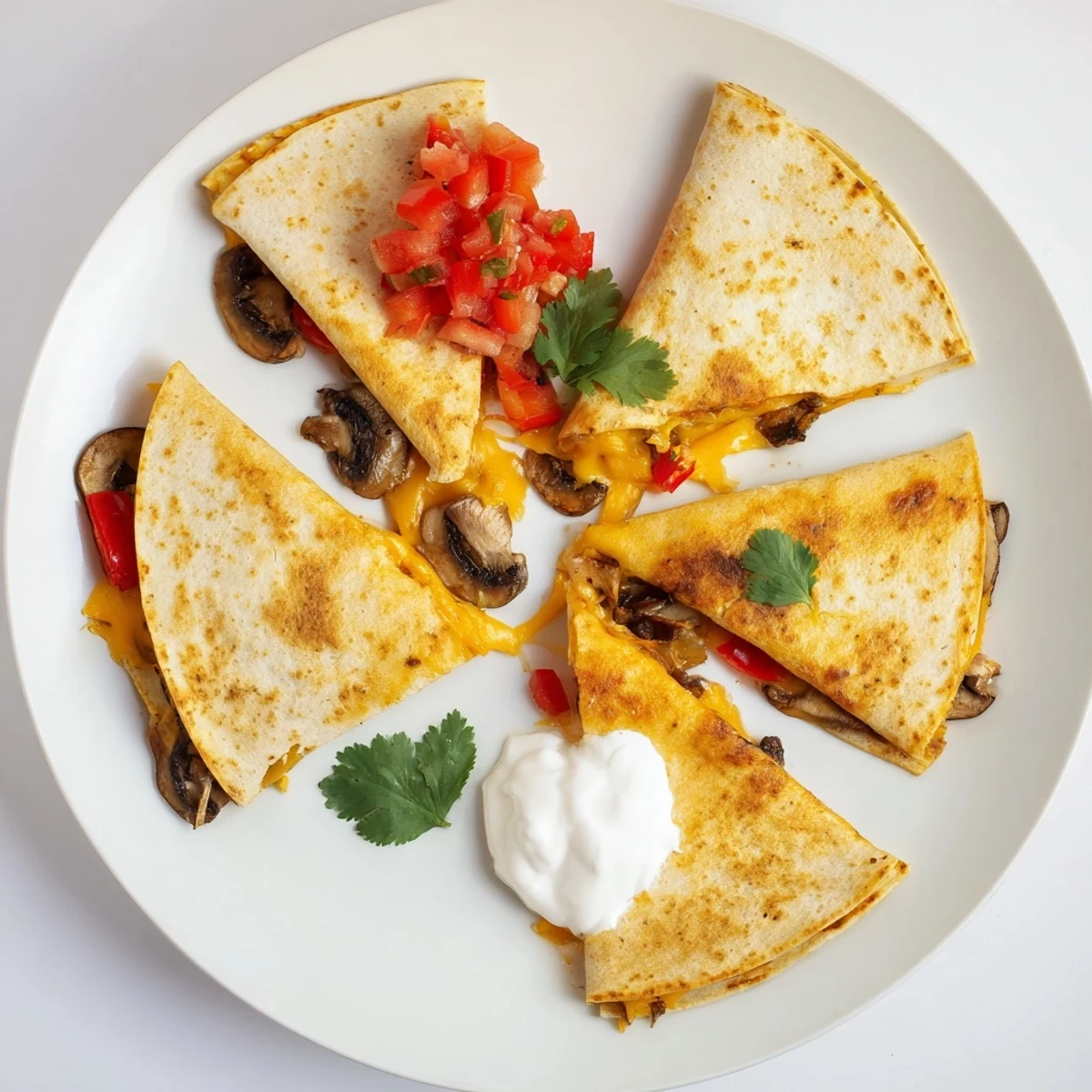 Golden brown crispy quesadillas with melted cheddar and Monterey Jack cheese oozing from the edges