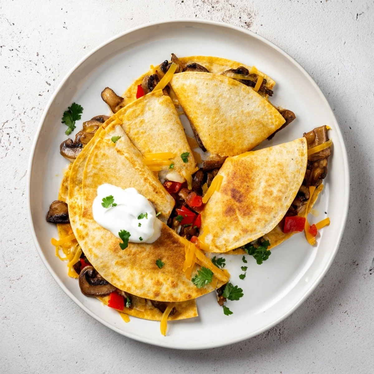 Mexican quesadillas cut into triangular wedges served with sour cream salsa and fresh cilantro