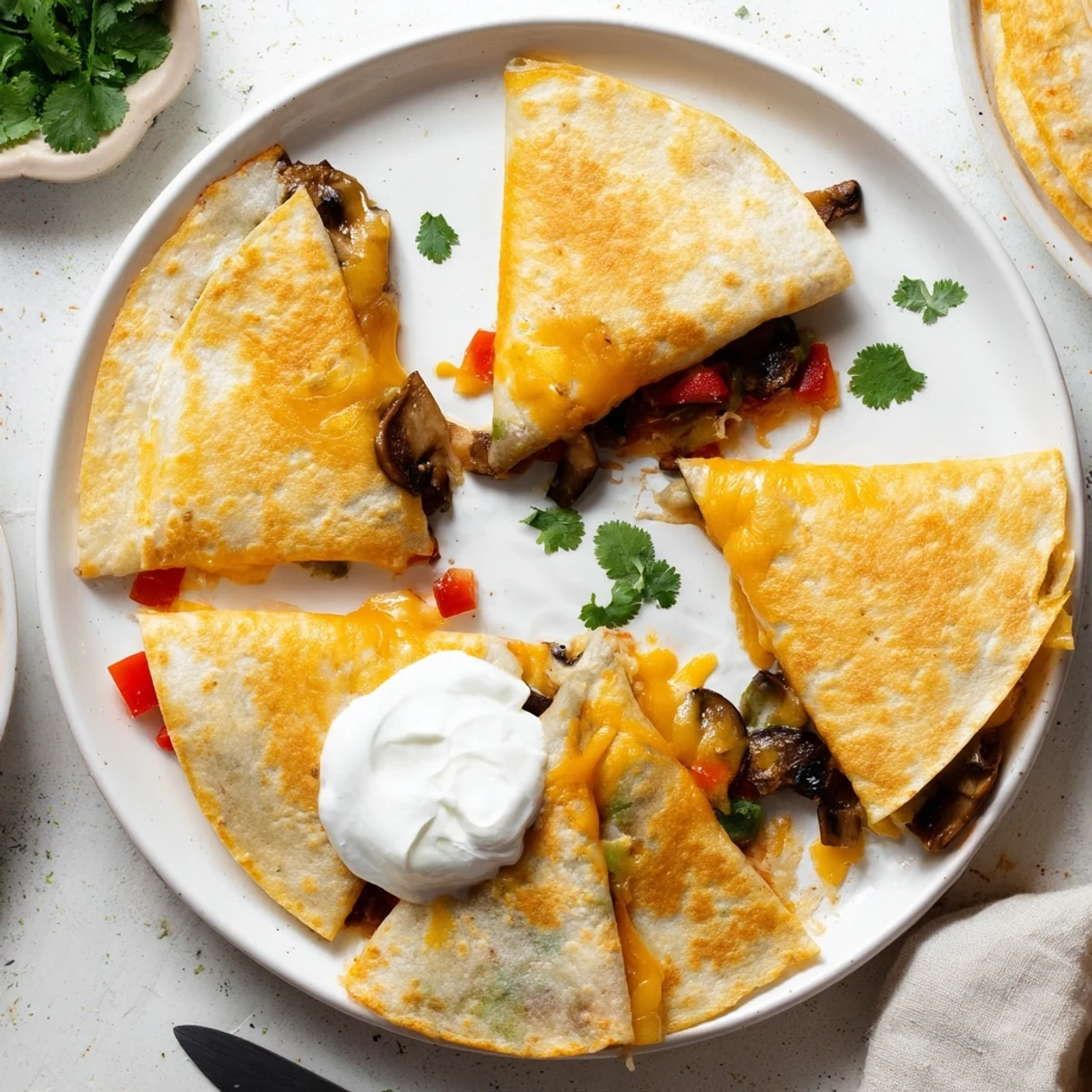 Homemade quesadillas featuring flour tortillas stuffed with shredded cheese and optional sautéed vegetables