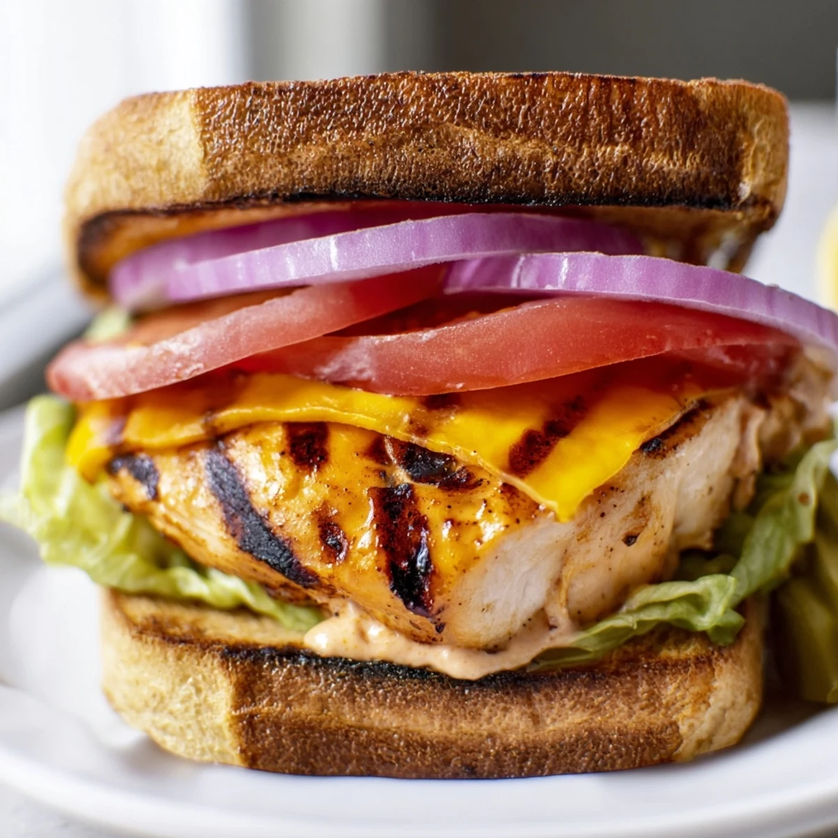Juicy grilled chicken sandwich stacked with fresh lettuce, tomato, and melted cheddar on toasted bun