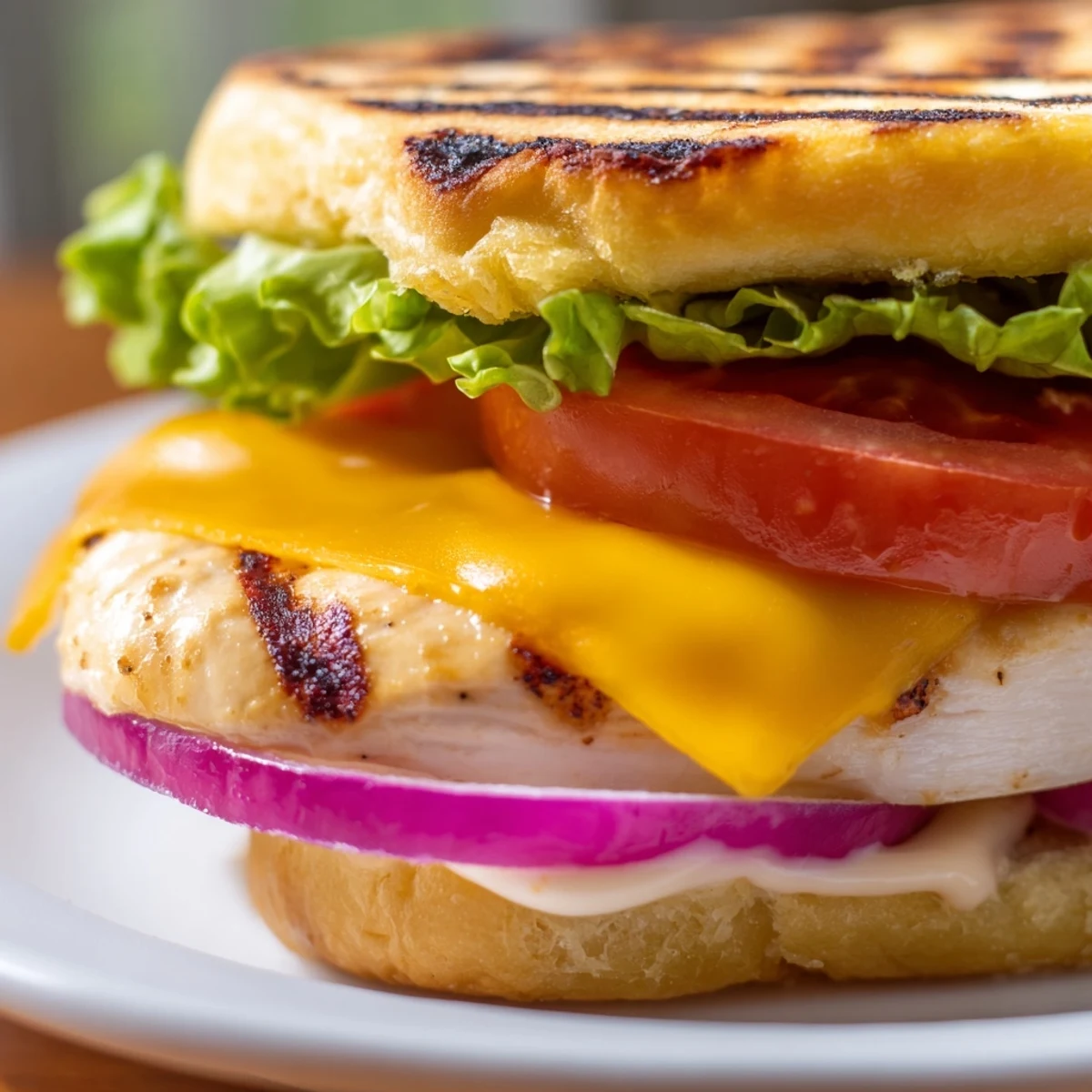 Homemade grilled chicken sandwich featuring seasoned cutlets with red onion and tangy mayonnaise sauce