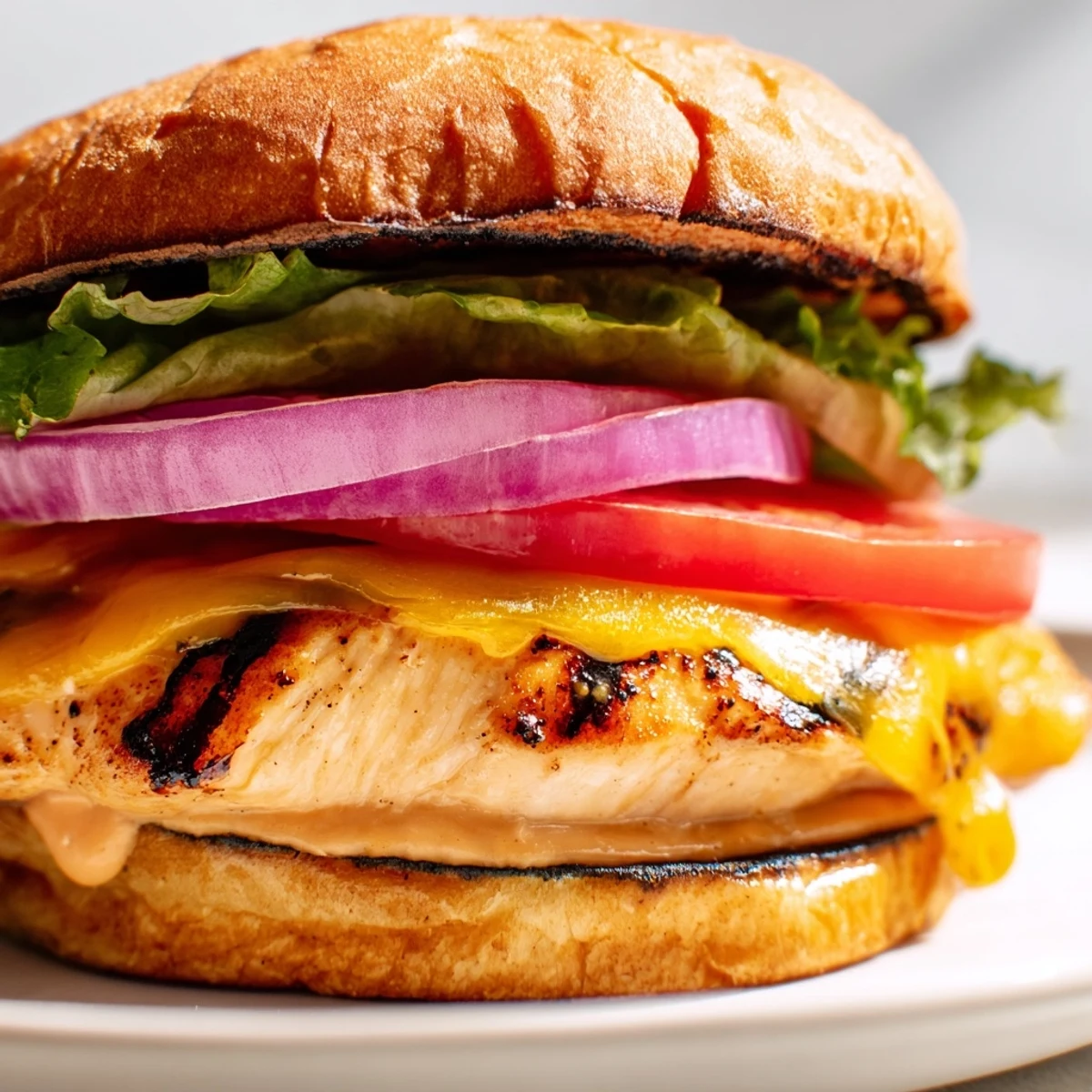 Golden brown grilled chicken breast layered with crisp vegetables and creamy Dijon spread on ciabatta roll