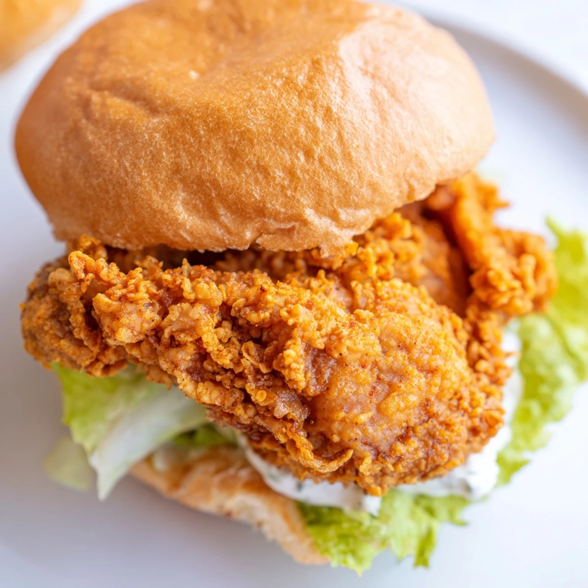 Golden fried chicken burger with crispy coating stacked on toasted brioche bun with fresh lettuce tomato and pickles