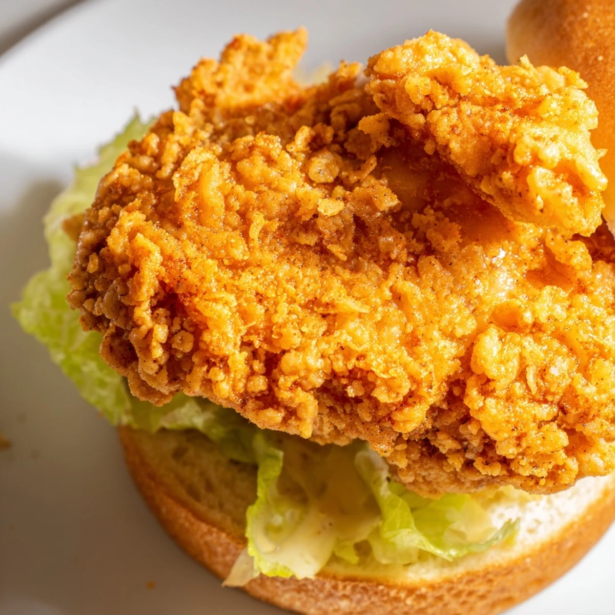 Ultra crunchy fried chicken burger featuring golden brown craggy crust nestled in soft bun with tangy spicy mayo