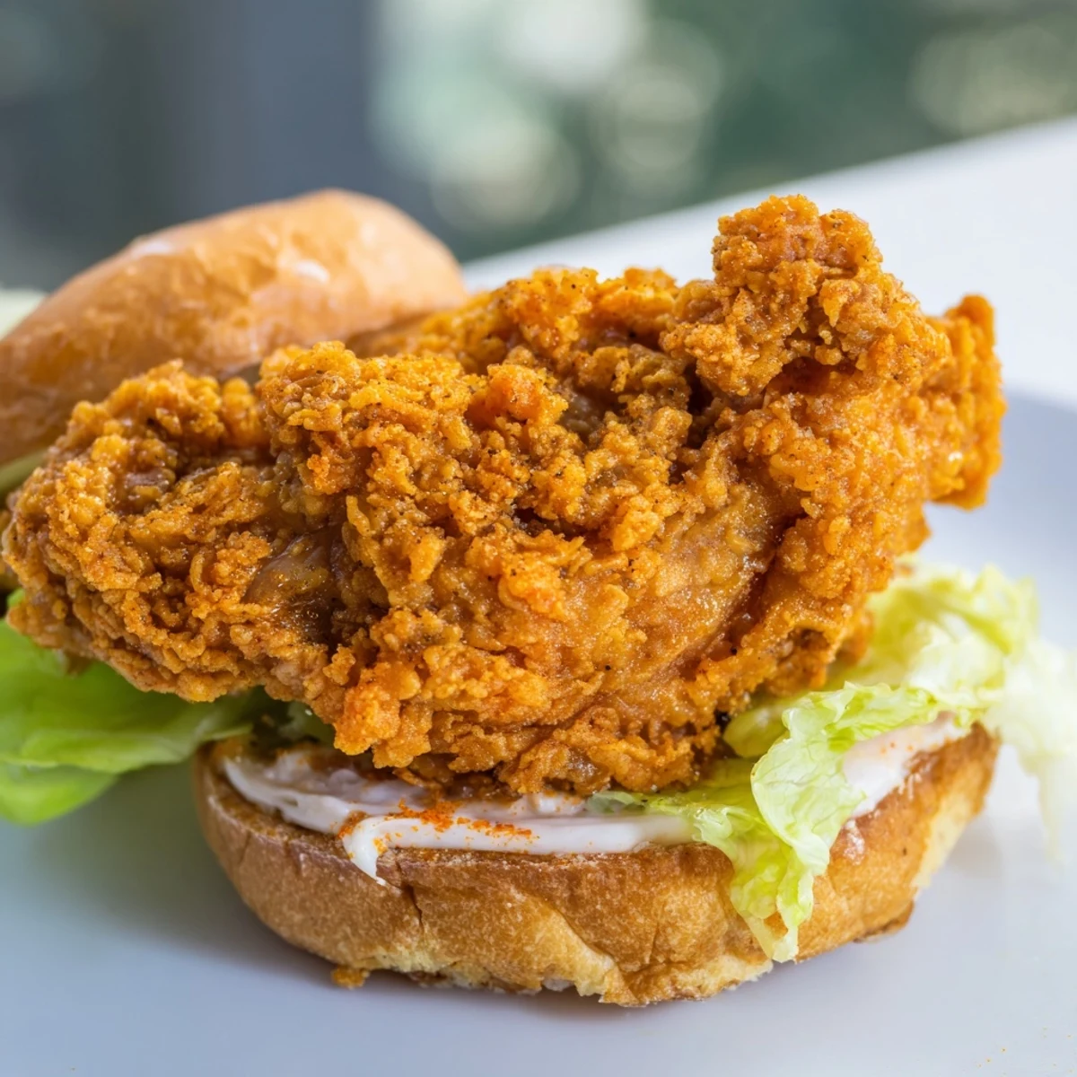 Mouthwatering fried chicken burger with ultra crisp deep fried thigh fillet topped with ripe tomatoes and cool crisp lettuce