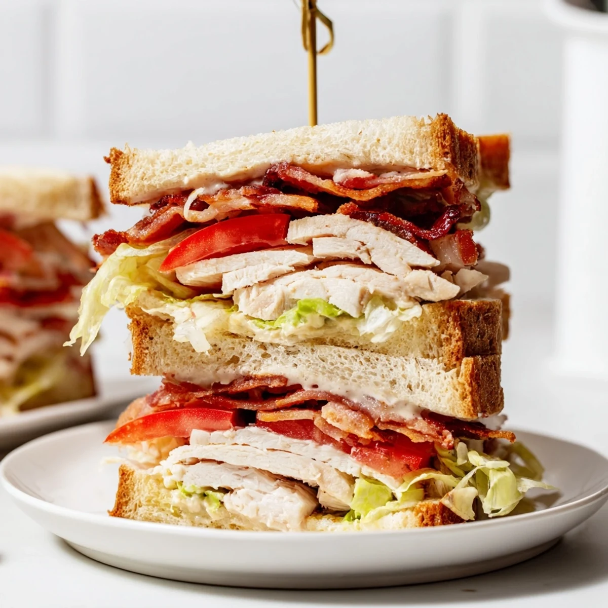 Classic chicken club sandwich stacked with crispy bacon lettuce tomato on toasted bread