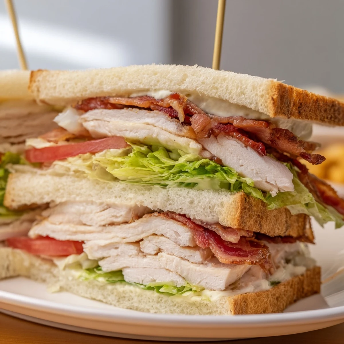 Triple-decker chicken club sandwich layers grilled chicken bacon fresh vegetables mayonnaise