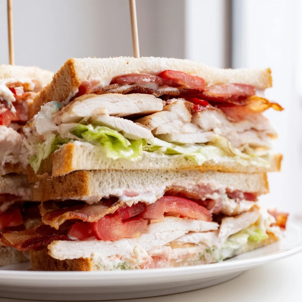 Golden toasted chicken club sandwich diagonally sliced revealing juicy tomato crispy bacon