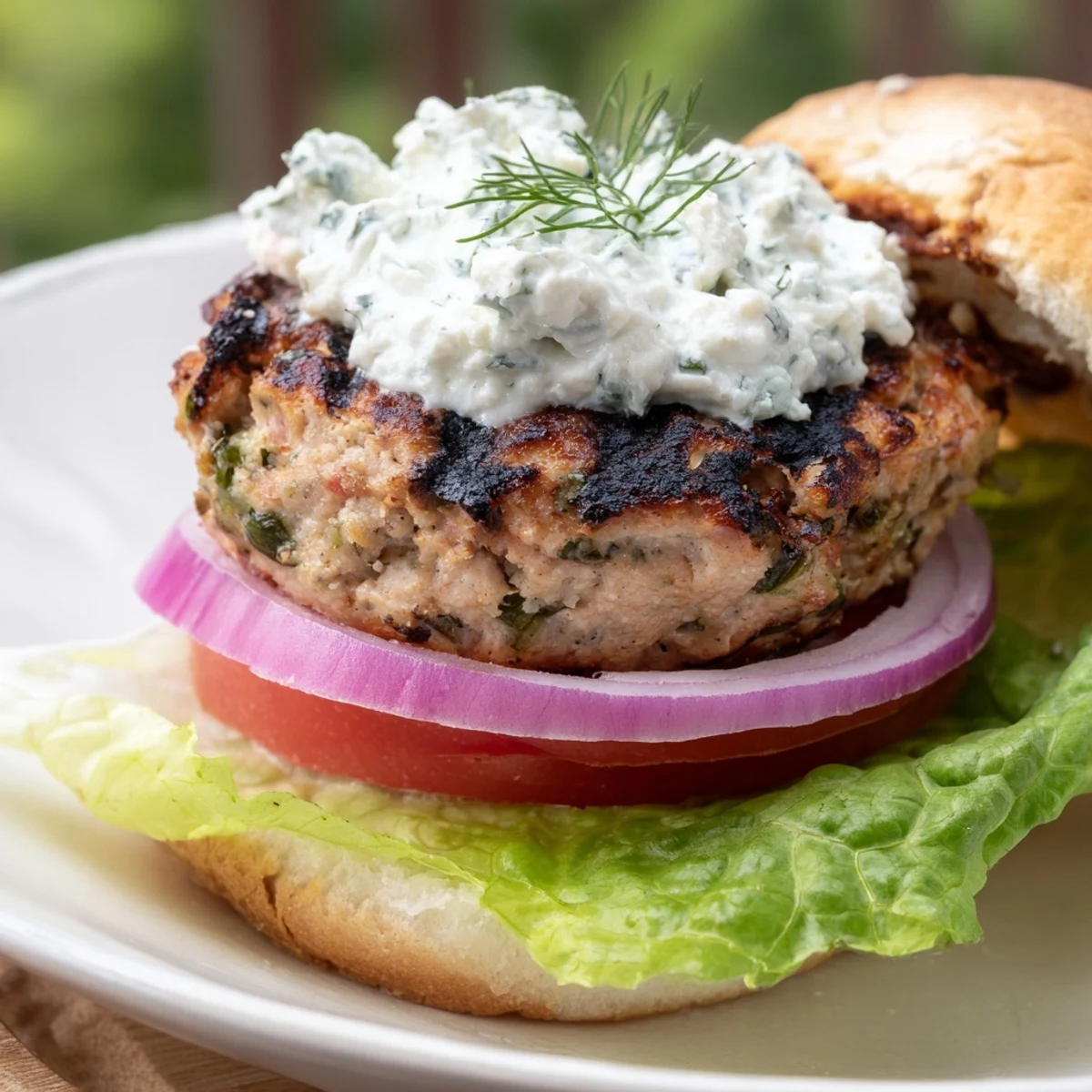 Homemade Greek chicken burgers served with refreshing cucumber tzatziki, crisp lettuce, and ripe tomato slices