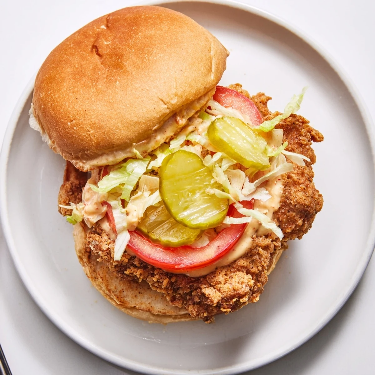 Golden fried crispy chicken burger stacked on toasted brioche with fresh lettuce and tangy pickles