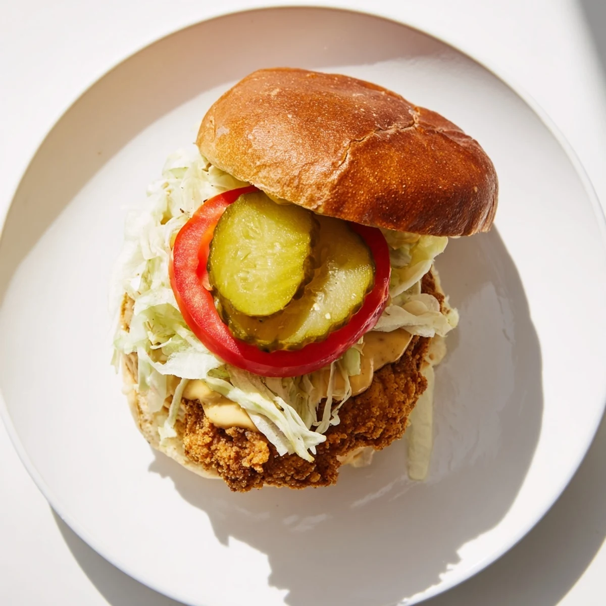 Homemade crispy chicken burger with golden brown coating served with crisp lettuce and dill pickle slices
