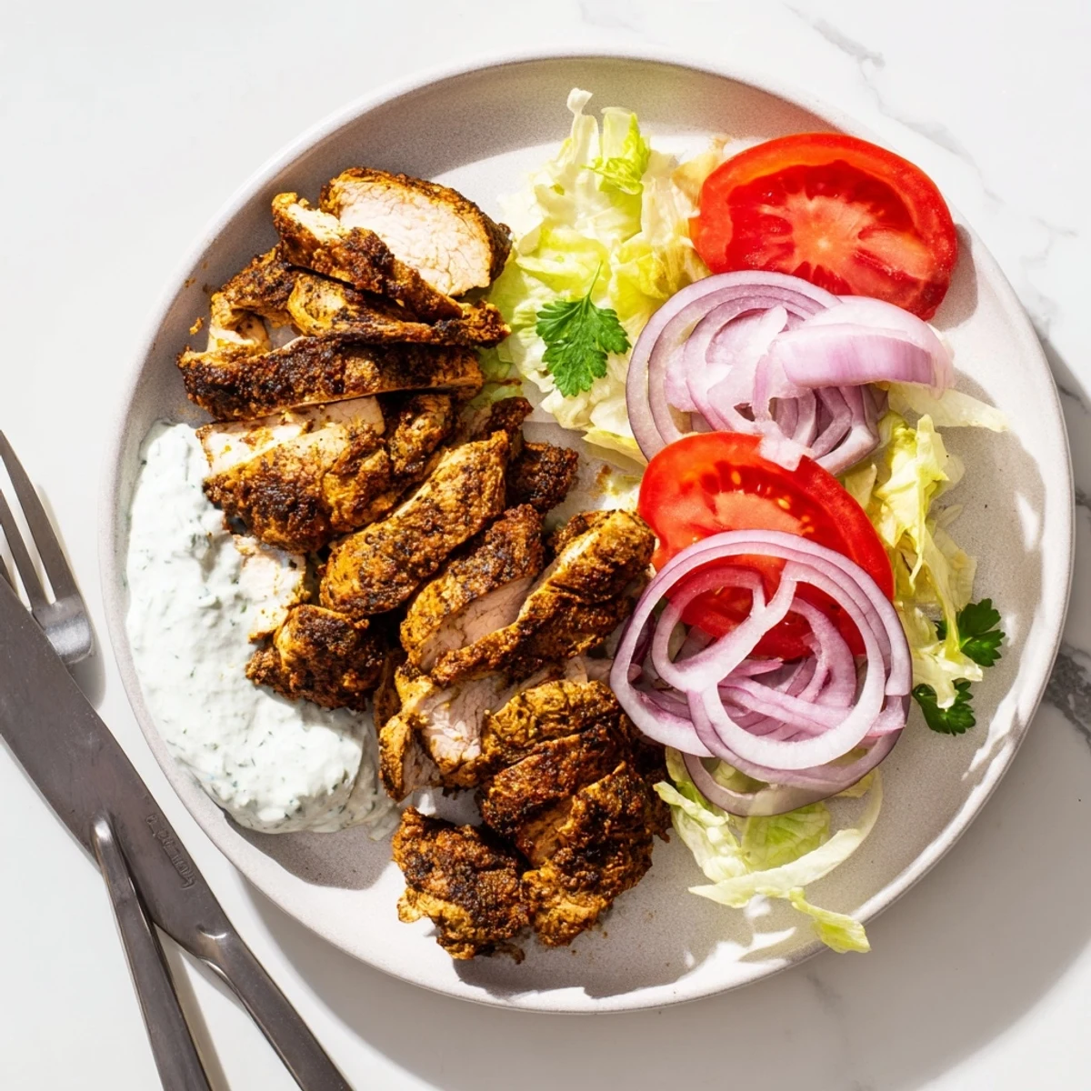 Tender marinated chicken shawarma grilled to perfection with fresh vegetables and zesty homemade garlic dipping sauce