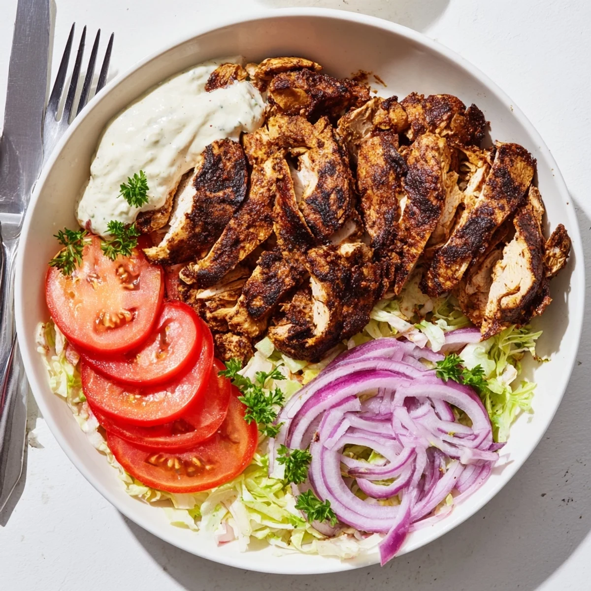 Golden spiced chicken shawarma slices arranged with creamy garlic sauce drizzled over warm pita bread