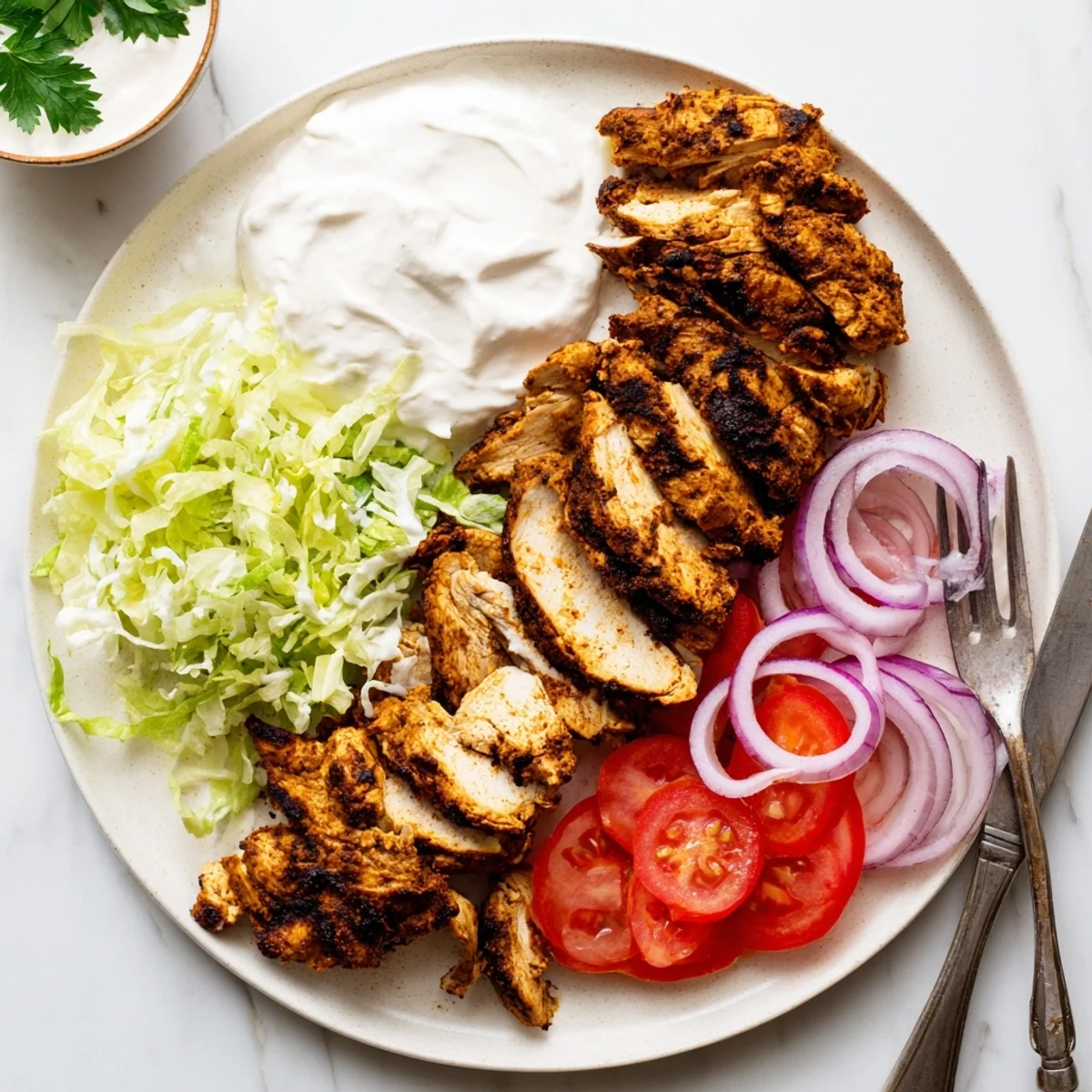 Heaping plate of Middle Eastern chicken shawarma wrapped in flatbread with crisp lettuce and rich garlic toum