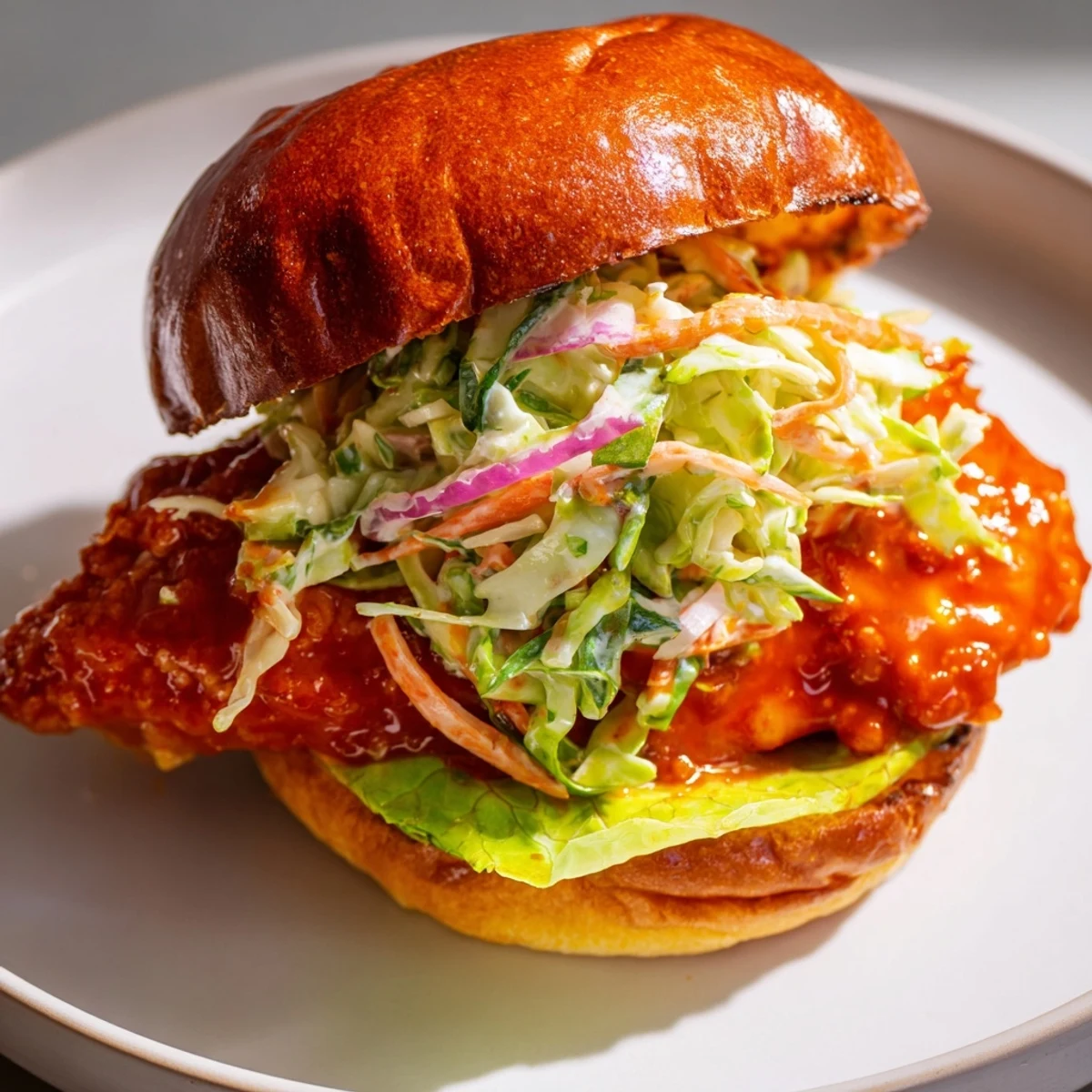 Golden crispy buffalo chicken sandwich topped with creamy ranch slaw on toasted brioche bun