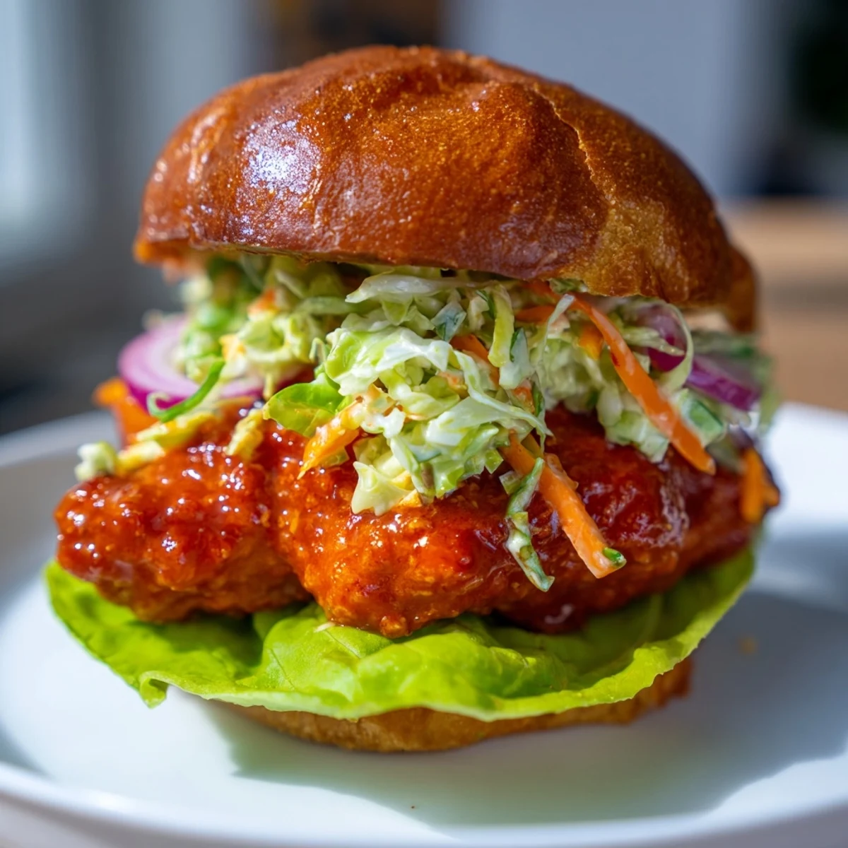Juicy fried buffalo chicken fillet in sauce with crunchy ranch coleslaw on soft bun