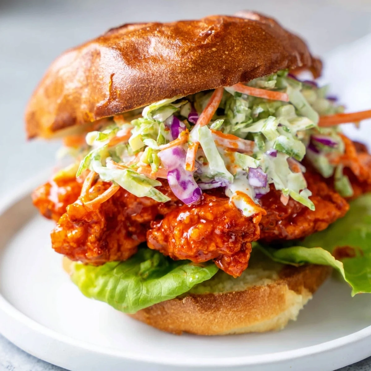 Spicy buffalo chicken breast sandwich with cool cabbage carrot slaw and fresh dill garnish