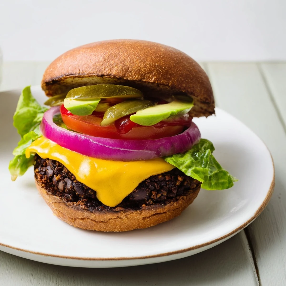Juicy black bean burger piled high with fresh avocado, tomato, and melted cheddar on a toasted bun