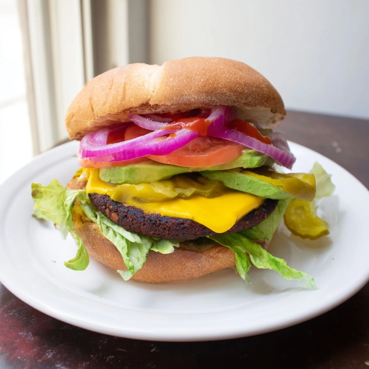 Hearty homemade black bean burger patty seasoned with spices and topped with crisp lettuce and red onion rings