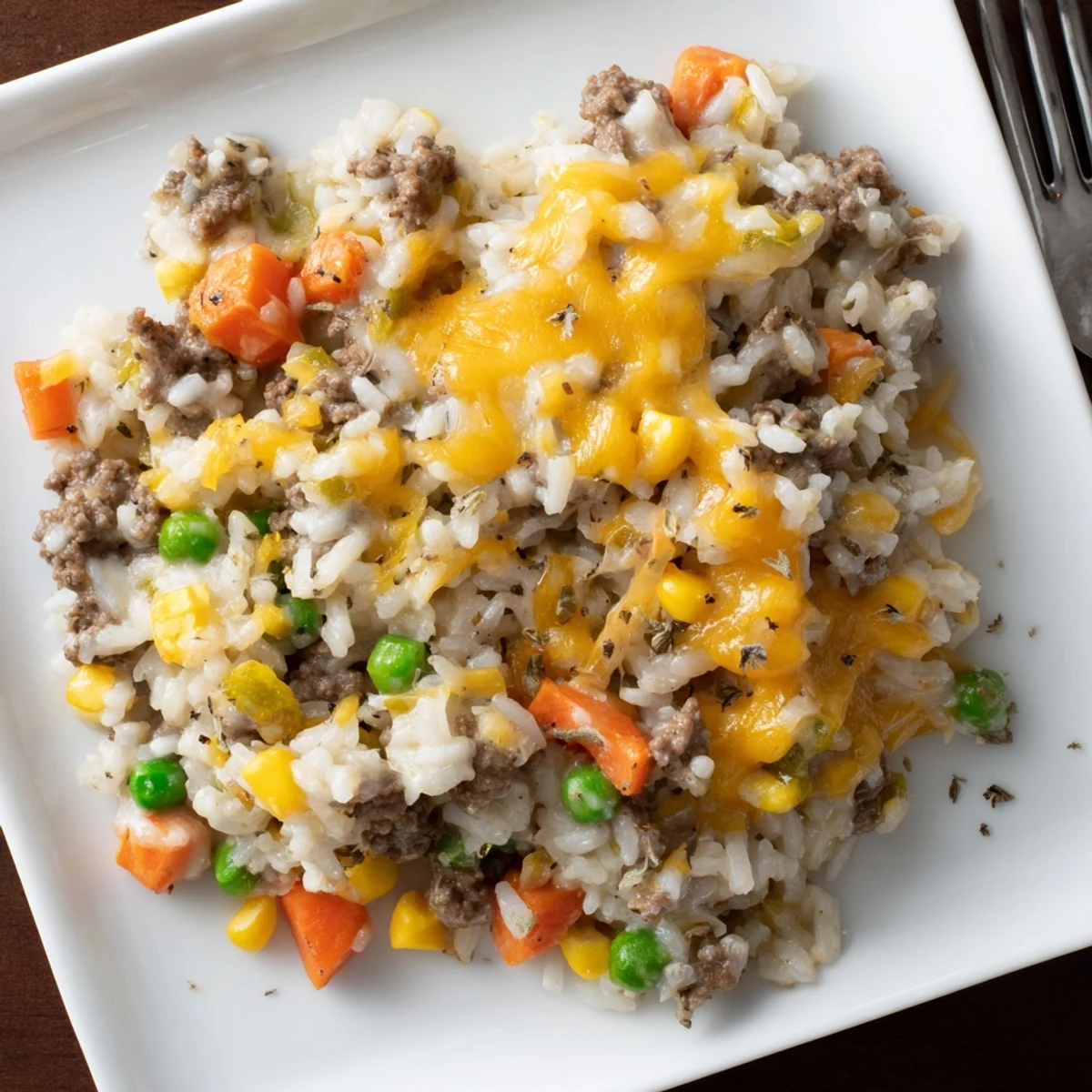 Golden bubbly cheesy ground beef and rice casserole fresh from the oven with melted cheddar topping