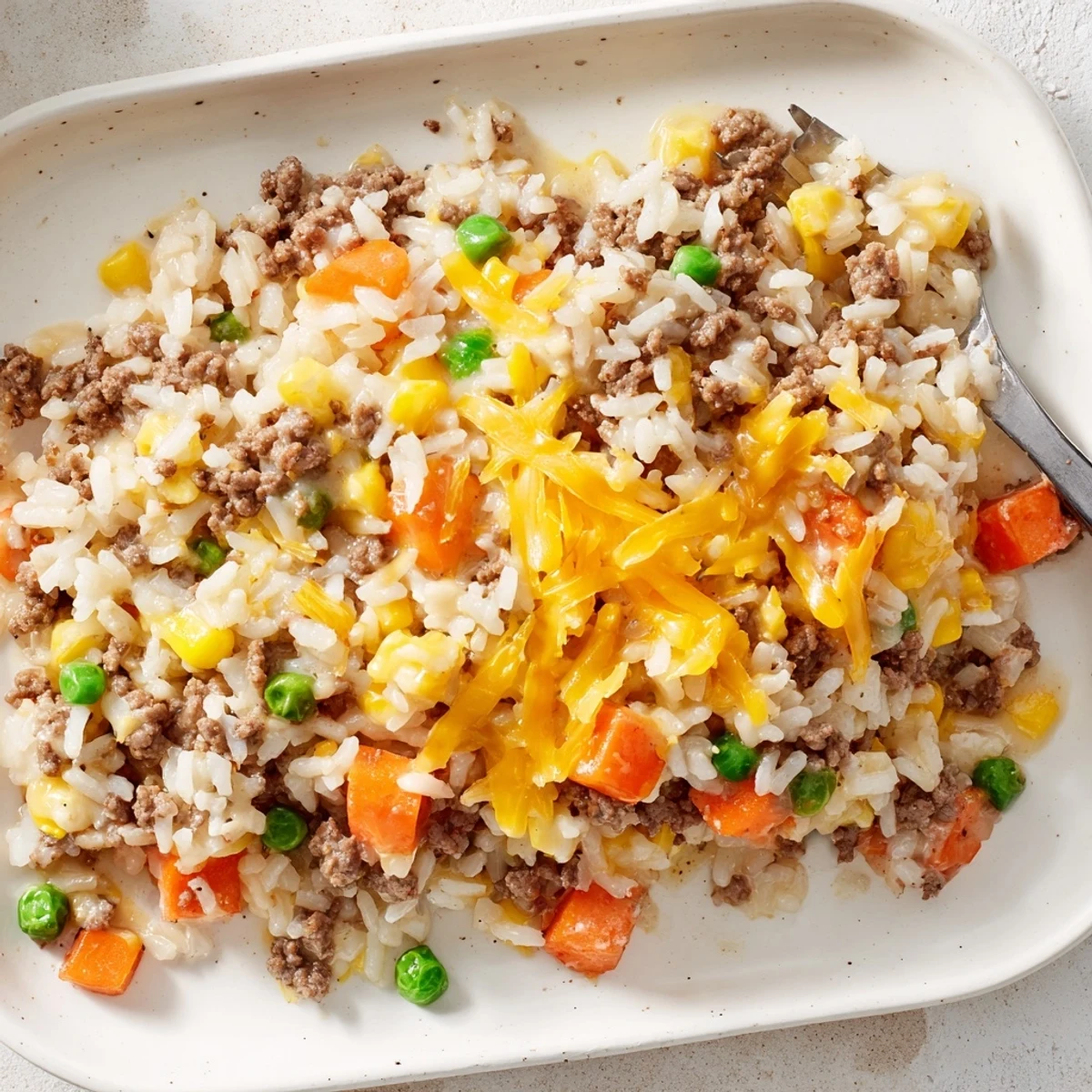 Comforting cheesy ground beef and rice casserole served in a rectangular baking dish with steam rising