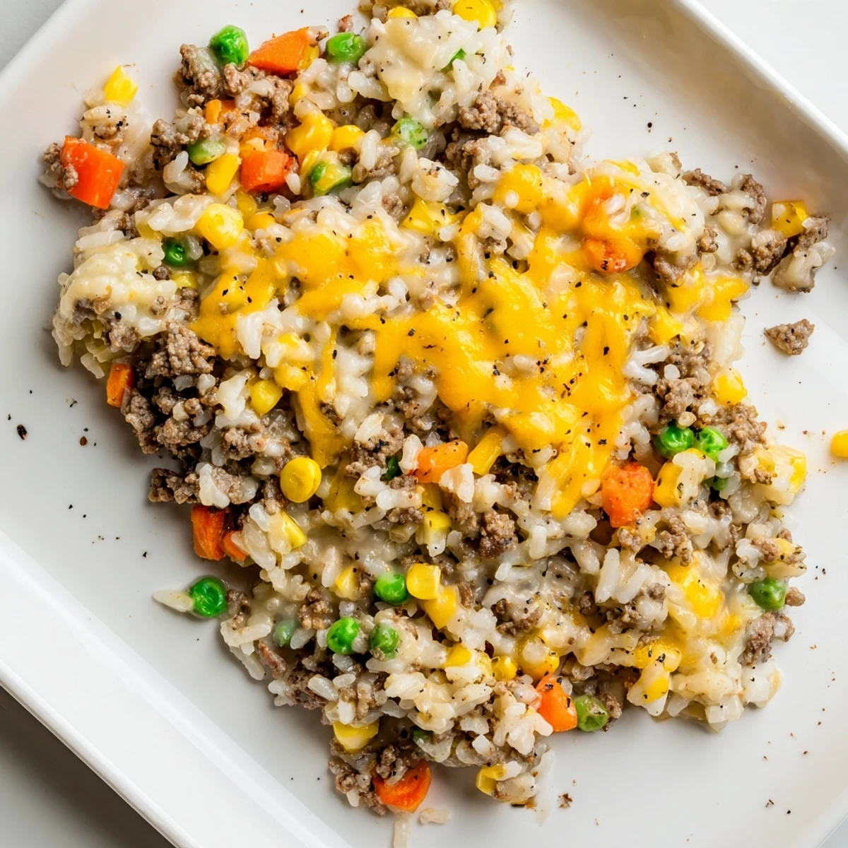 Hearty cheesy ground beef and rice casserole close-up showing ground beef rice mixture and golden cheese layer