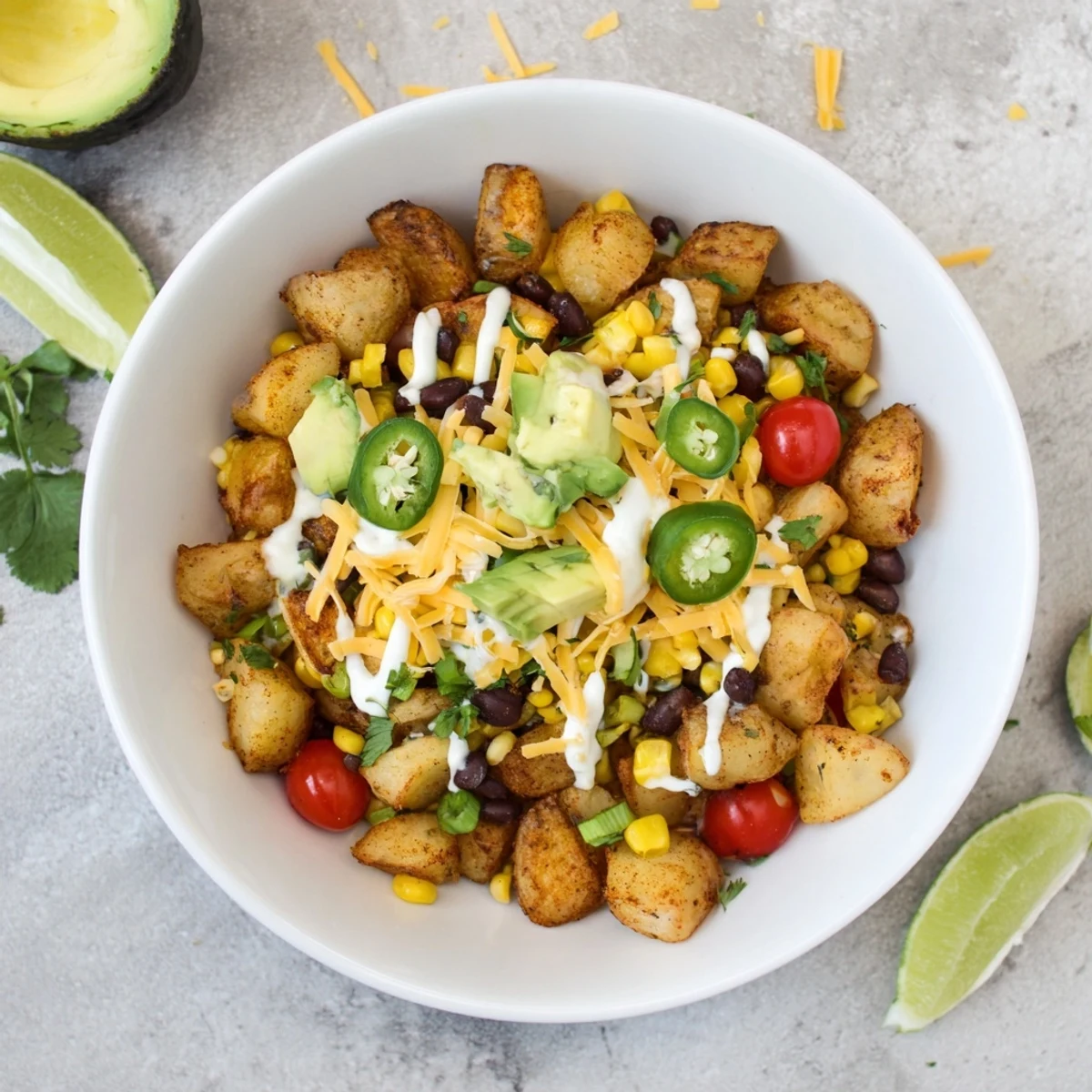 Golden spiced Loaded Fiesta Potato Bowls piled high with colorful Tex-Mex toppings and creamy sour cream.