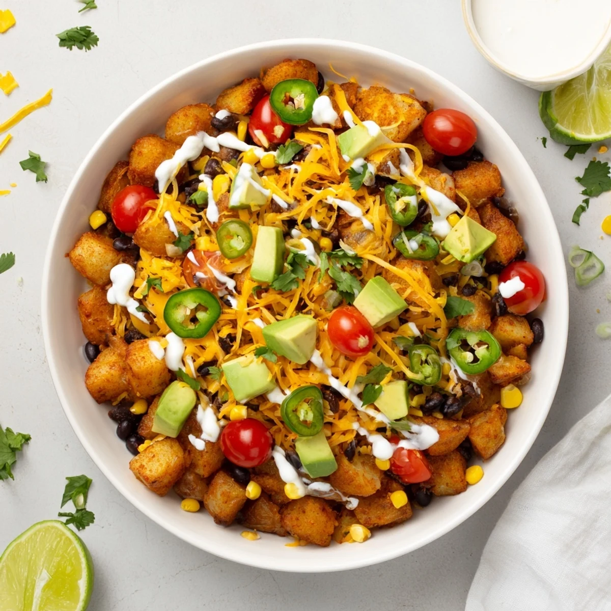 Crispy roasted Loaded Fiesta Potato Bowls topped with melted cheddar cheese, black beans, and fresh avocado.