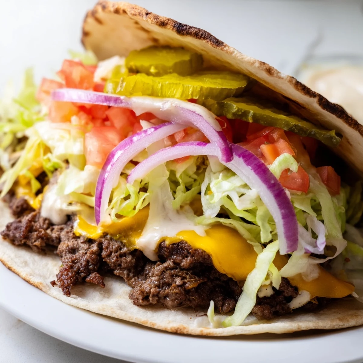 Golden crispy smash burger tacos with melted cheese and fresh vegetable toppings