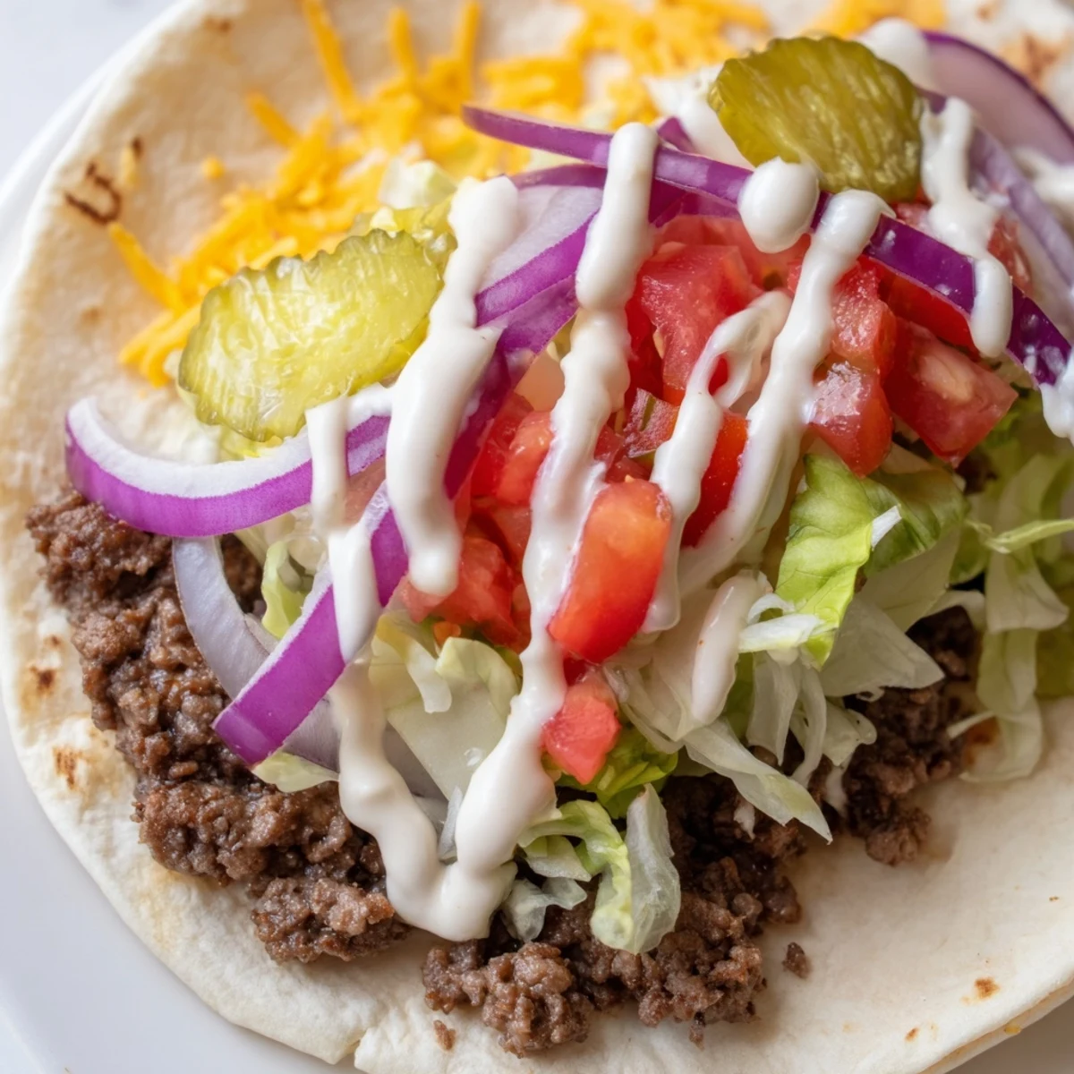 Warm flour tortillas wrapped around juicy seasoned beef patties with zesty special sauce