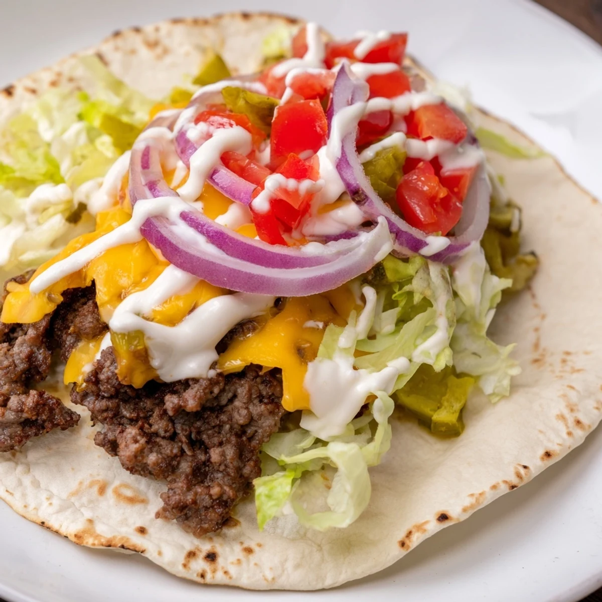 Handheld smash burger tacos featuring crispy edged beef and melted American cheese slices