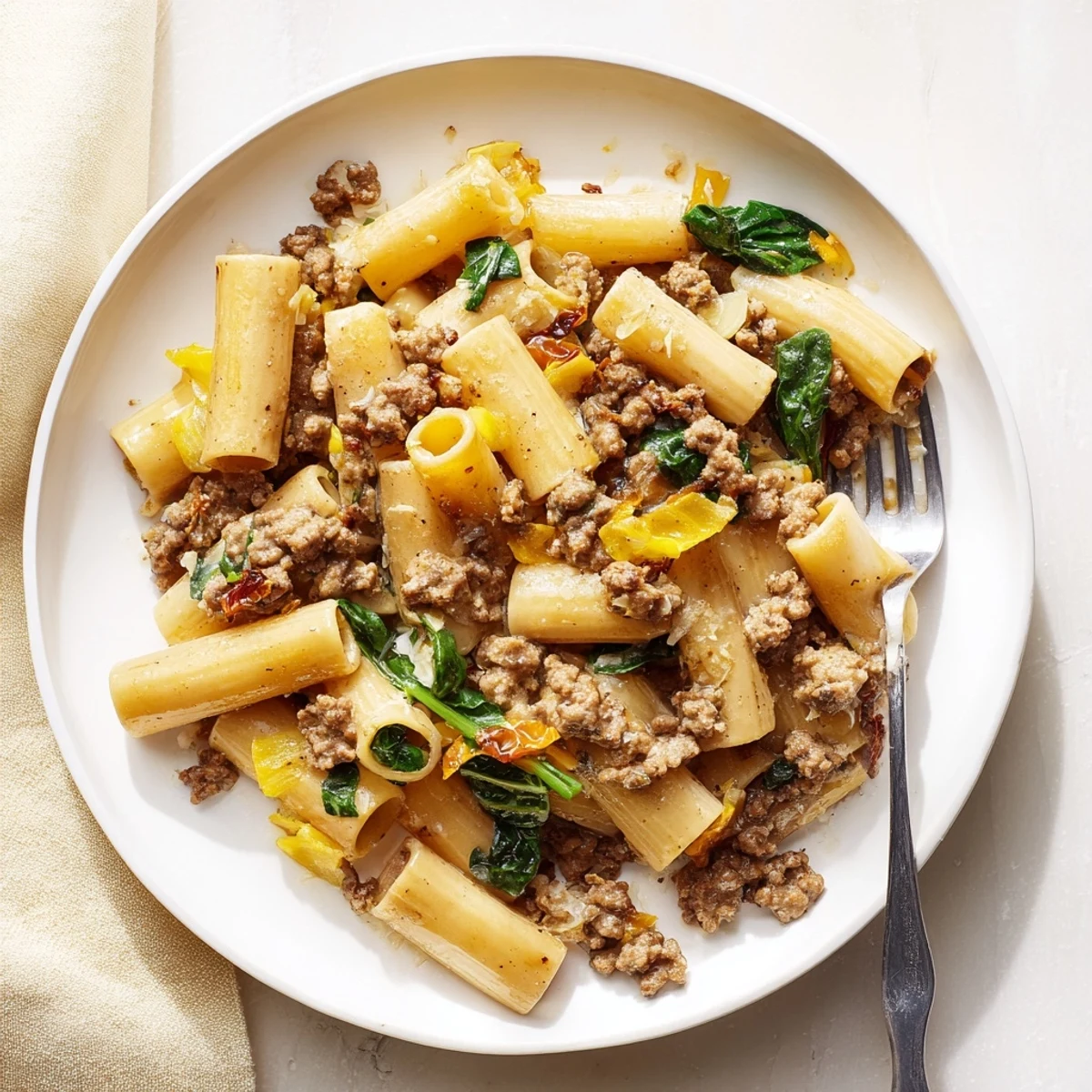 Savory ground beef pasta bake featuring penne coated in a luscious garlic cream sauce with melted parmesan