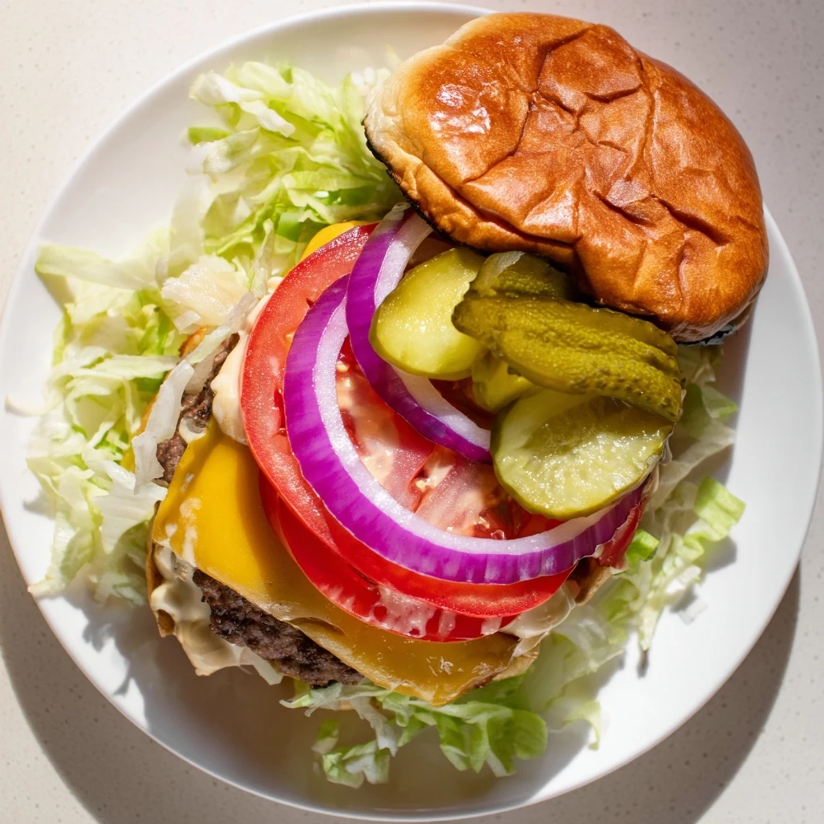 Golden crispy smash burger with melted American cheese on toasted brioche bun