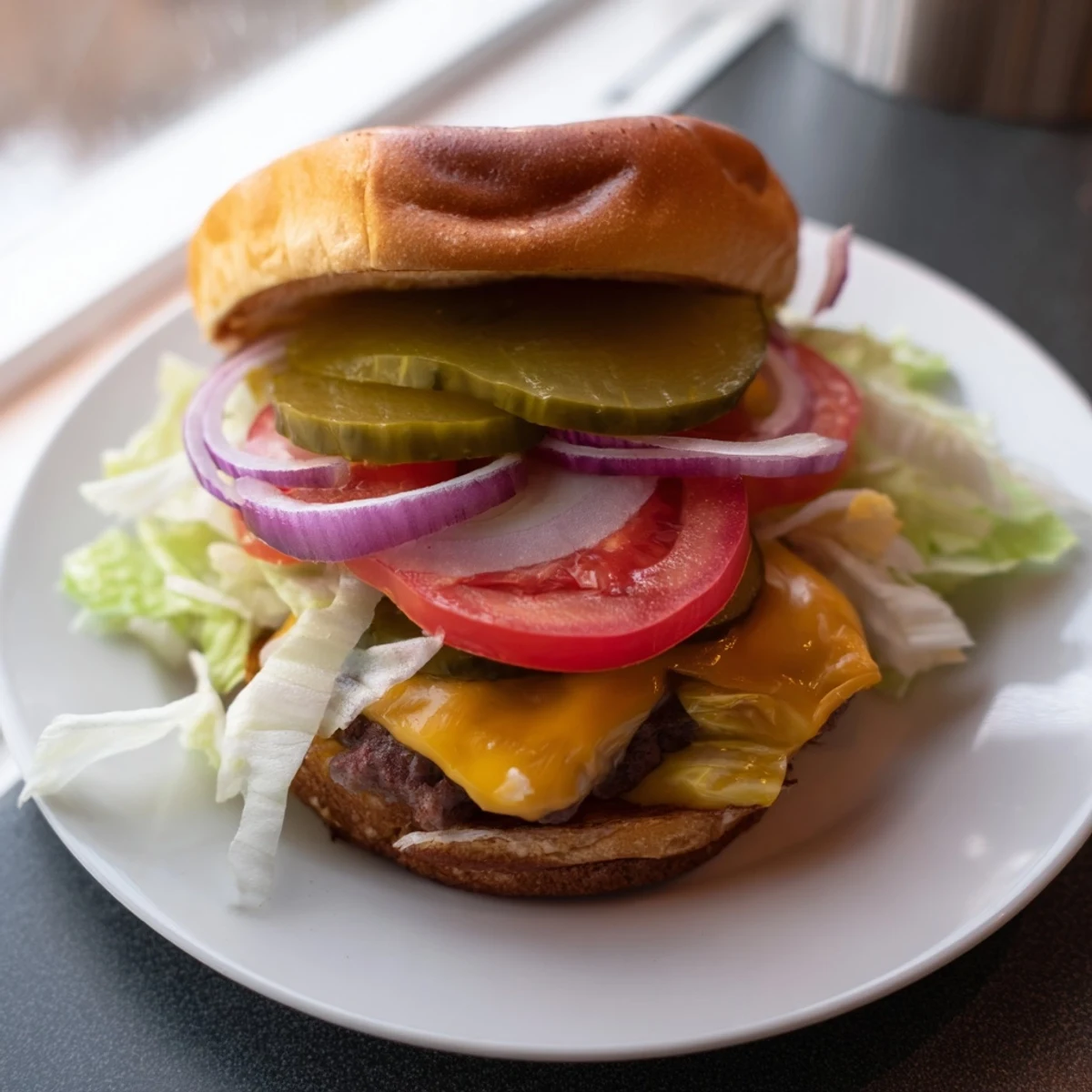 Mouthwatering double smash burger with melty cheese served on buttered toasted bun