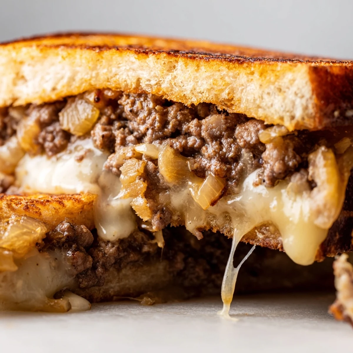 Golden brown cheesy ground beef melt sandwich with melted cheddar and mozzarella oozing from thick-cut toasted bread