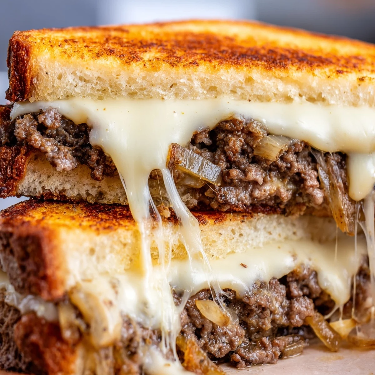 Juicy seasoned ground beef and caramelized onions layered between crispy sourdough slices with gooey blended cheese