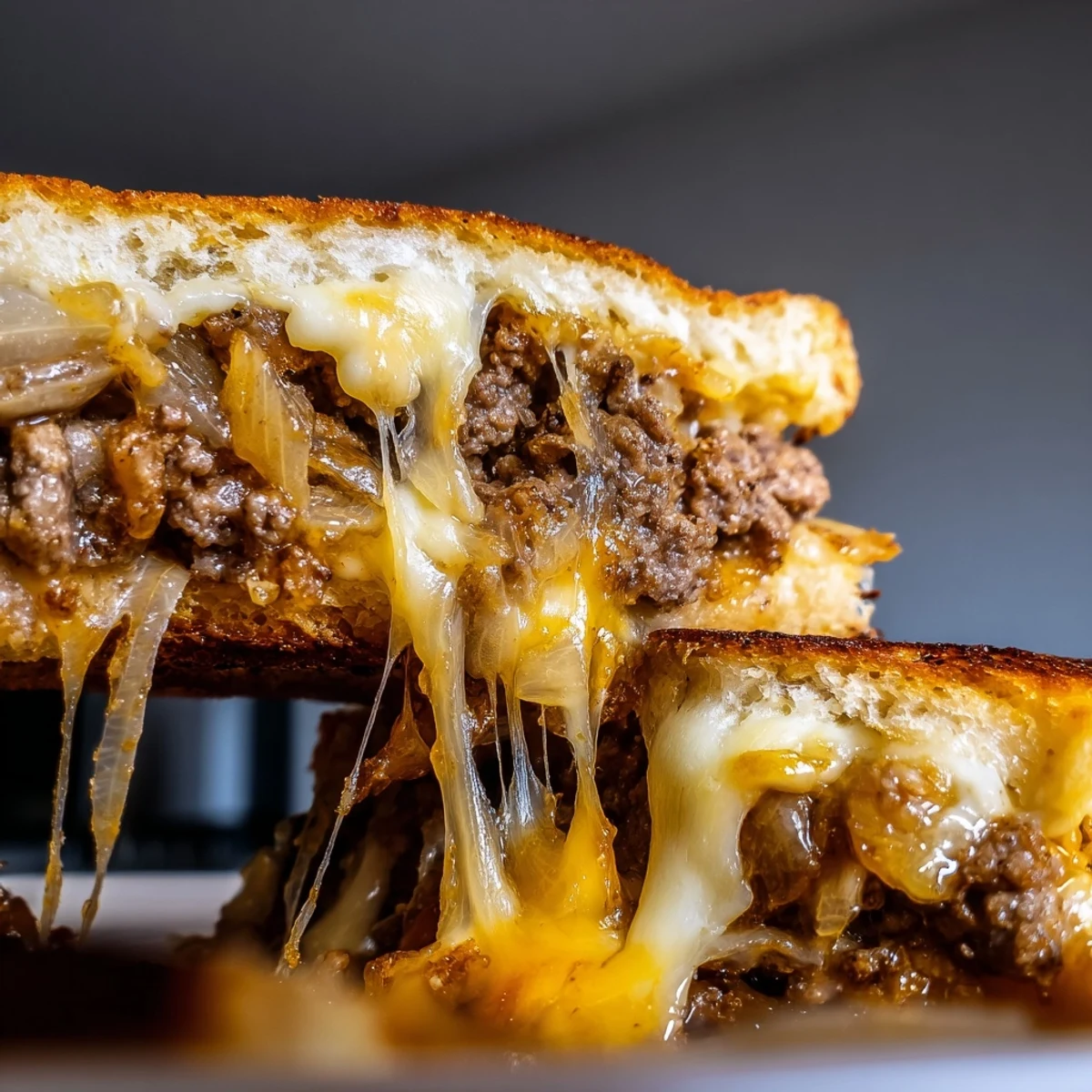 Ultimate cheesy ground beef melt cut diagonally revealing savory beef filling and stretchy melted cheese inside