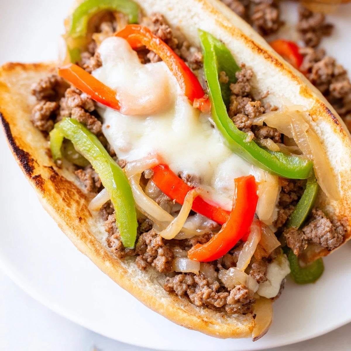 Savory ground beef Philly cheesesteaks overflowing with sautéed peppers onions and gooey cheese
