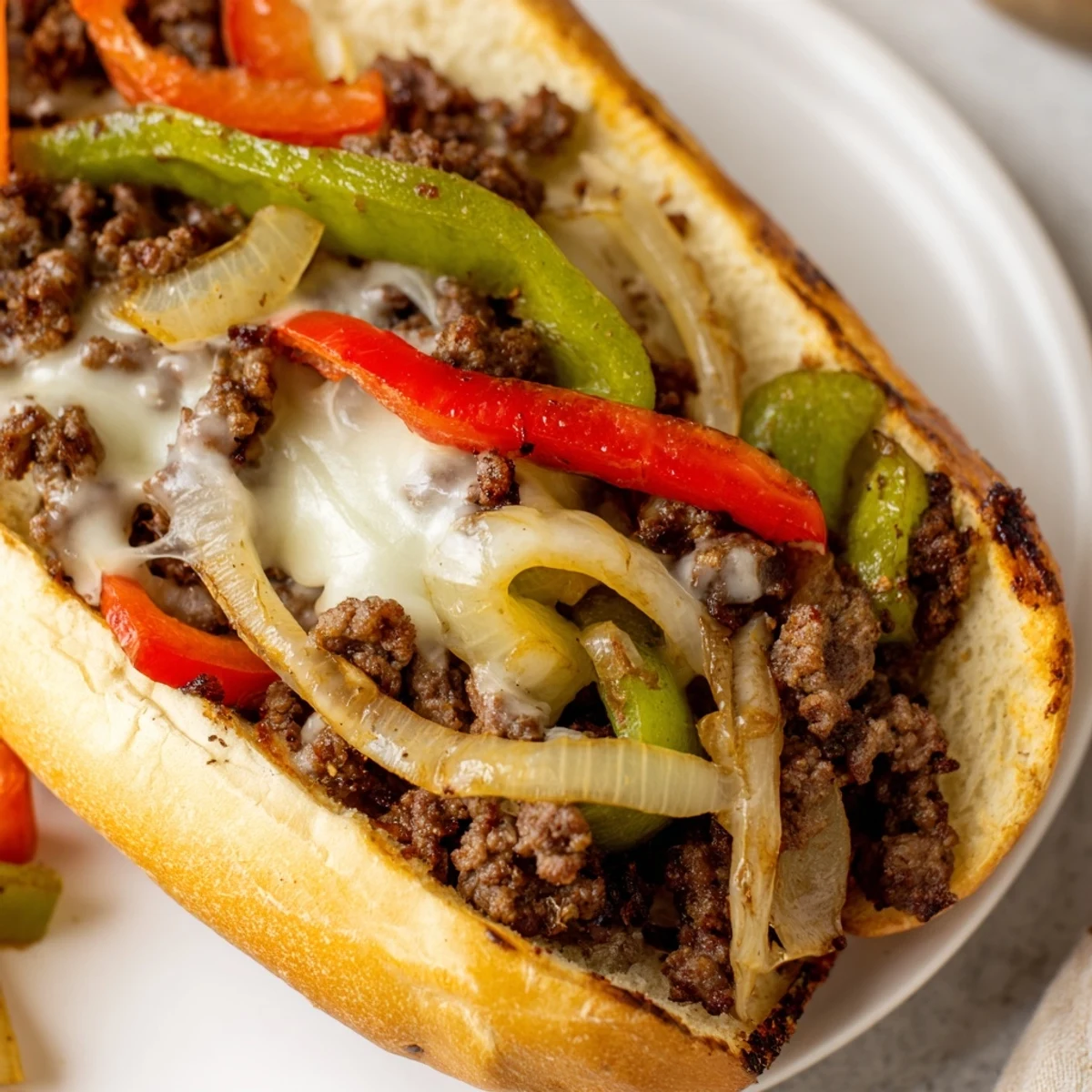 Golden brown ground beef Philly cheesesteaks stacked in toasted hoagie rolls with melted provolone