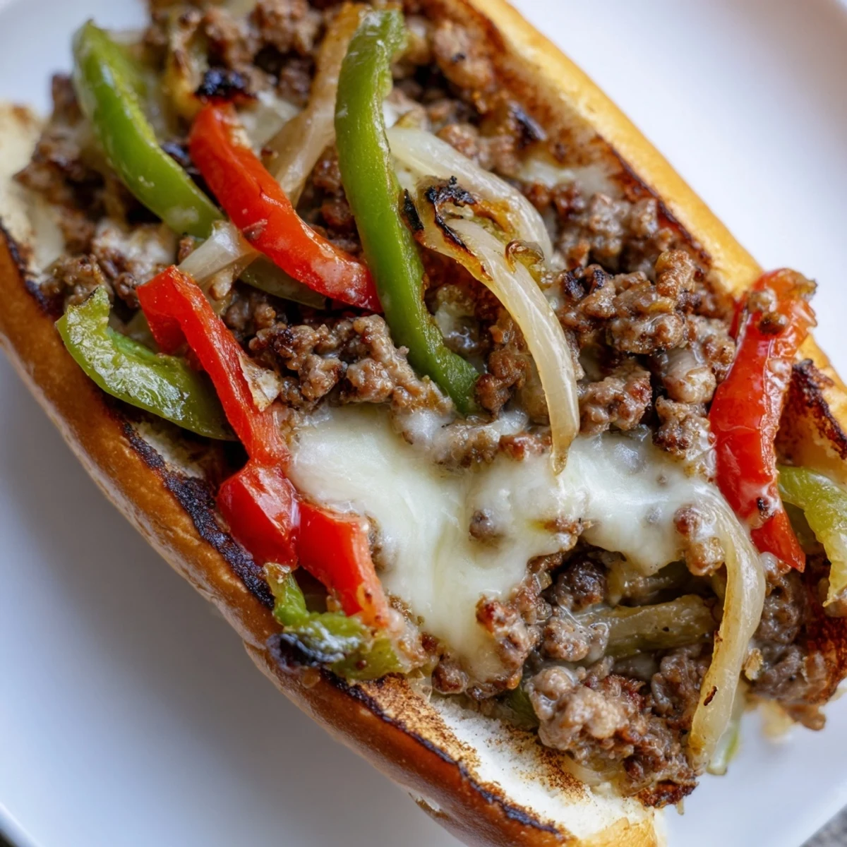 Delicious ground beef Philly cheesesteaks served on buttery rolls with crispy toasted edges