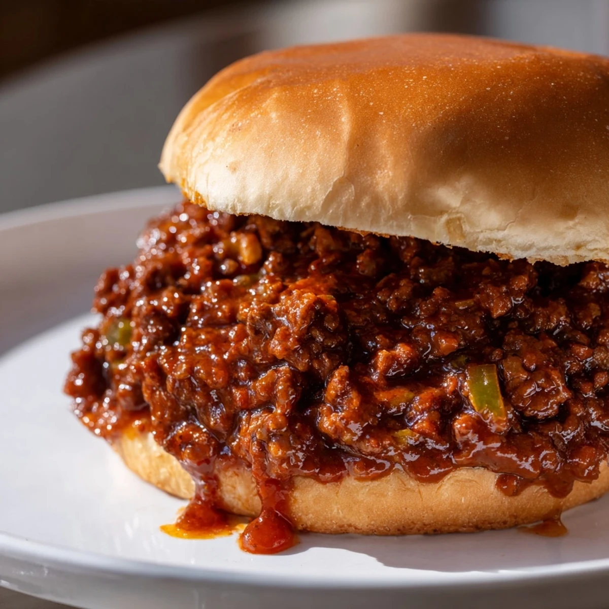 Tangy ground beef sloppy joes overflowing from soft buns topped with crisp pickles