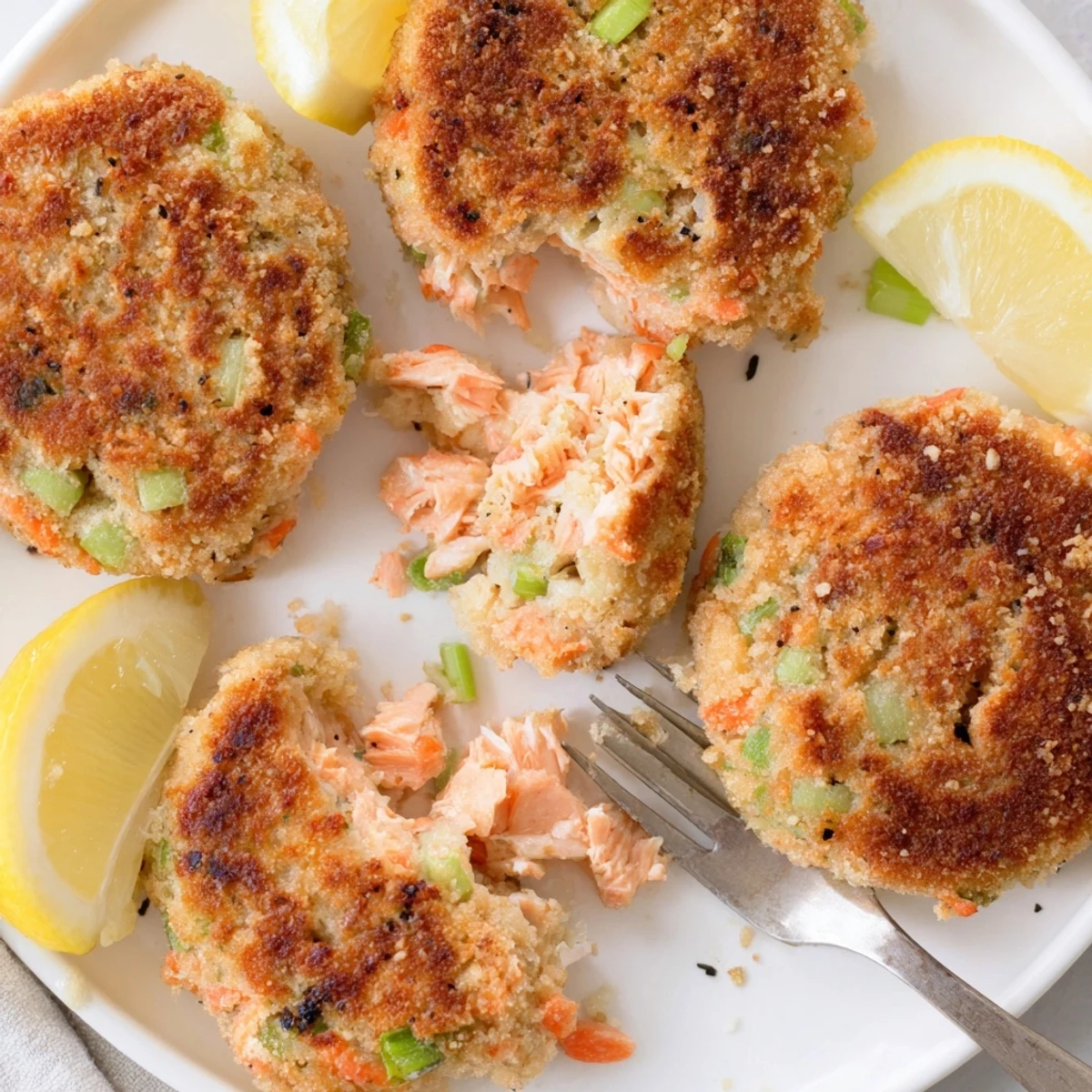 Golden brown Southern salmon croquettes fried to crispy perfection on a white plate