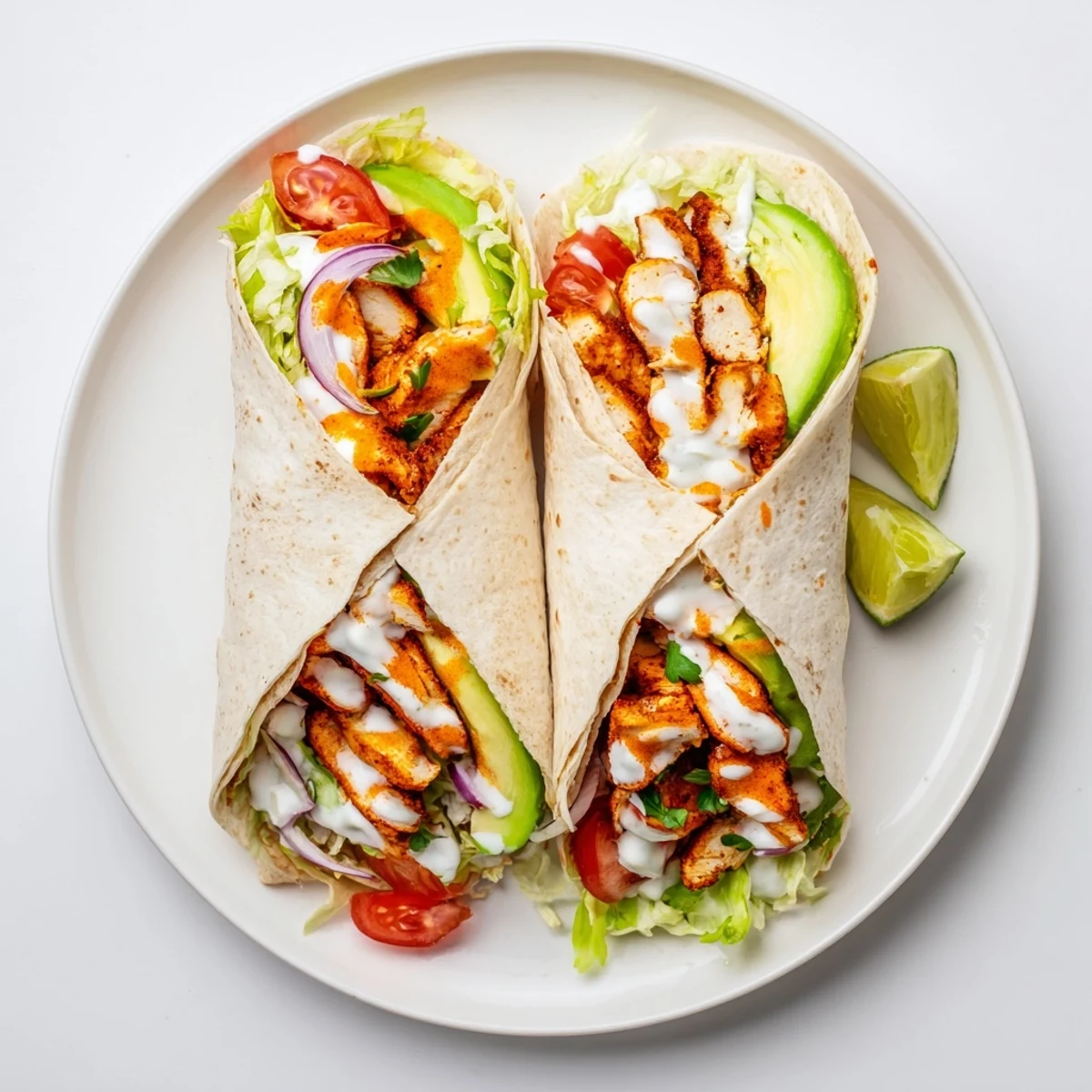 Handheld spicy chicken avocado wraps filled with seasoned meat and fresh colorful vegetable layers