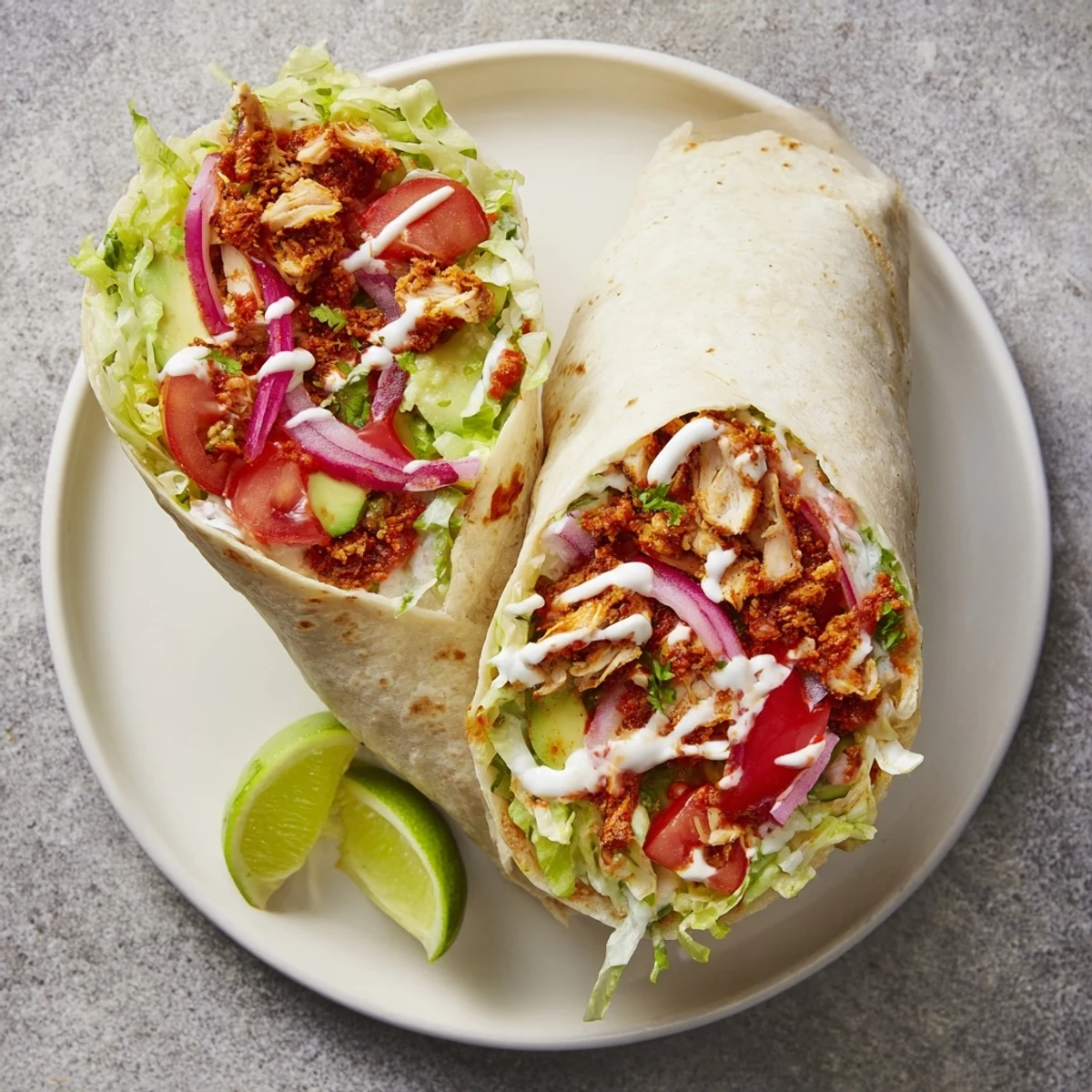 Golden sliced spicy chicken wrapped in flour tortillas with creamy avocado and crisp lettuce