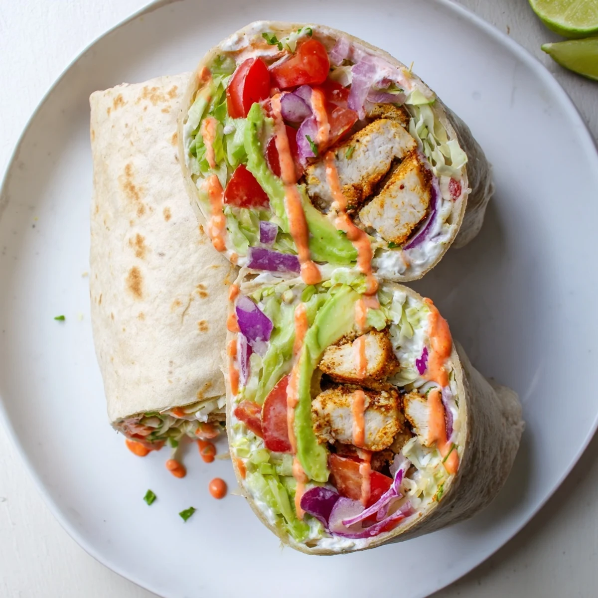 Cross section of spicy chicken avocado wraps showing tender spiced poultry with ripe guacamole