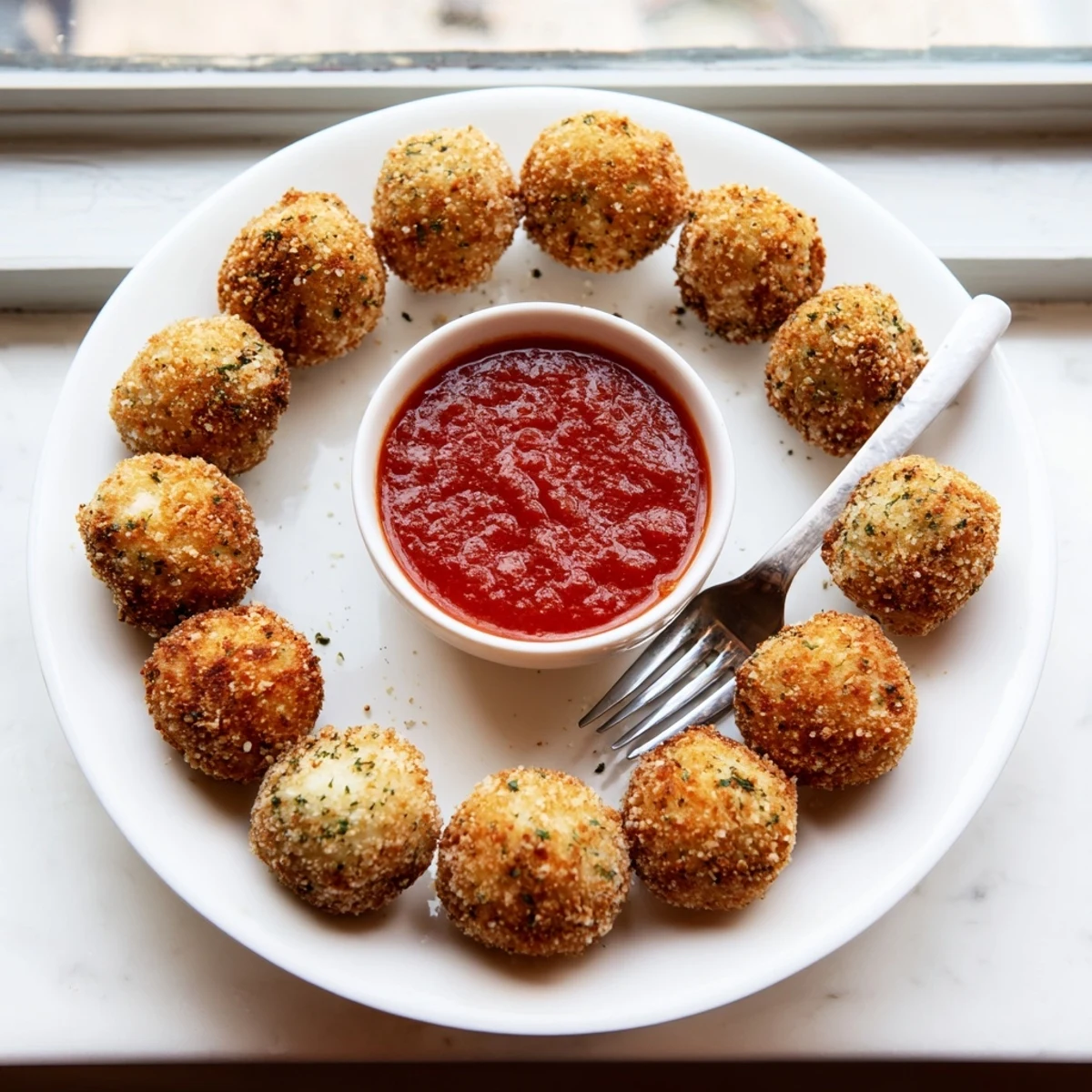 Plate of hot mozzarella cheese balls served with marinara sauce for dipping