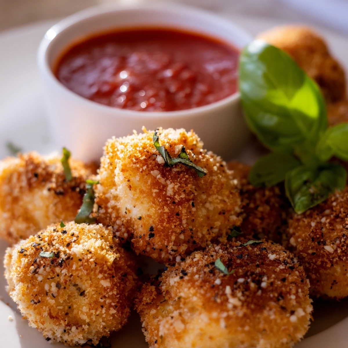 Golden Air Fryer Tortellini served with warm marinara sauce and fresh basil garnish